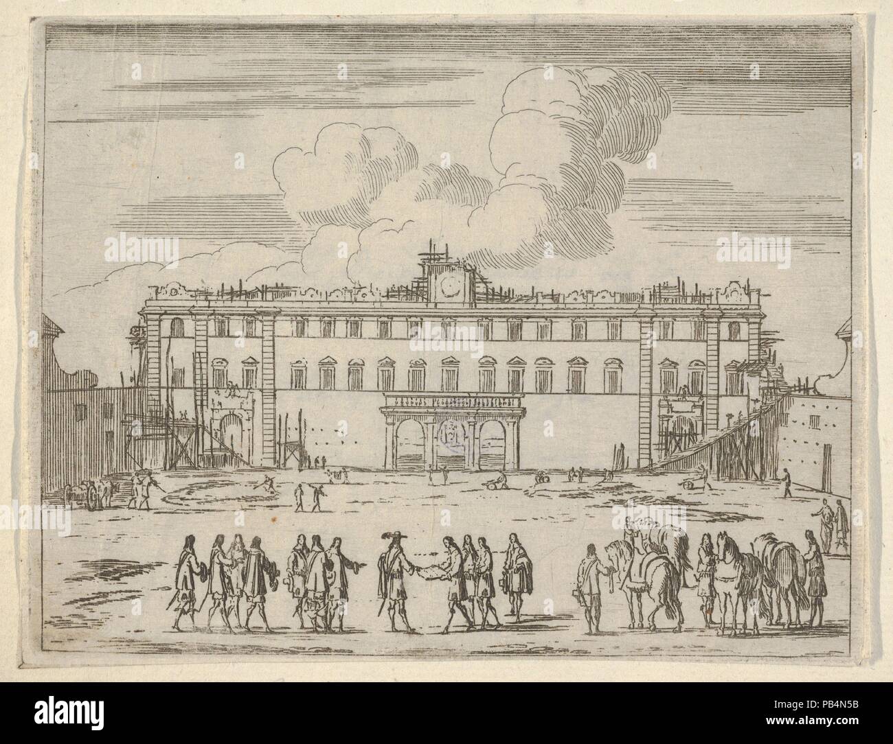 Francesco I d'Este costruisce il Palazzo di Sassuolo, da L'idea di un principe ed eroe Cristiano in Francesco I d'Este e di Modena e Reggio Duca VIII [...]. Artista: Bartolomeo Fenice (Fénis). Autore: Domenico Gamberti. Dimensioni: foglio: 4 3/4 × 6 5/16 in. (12 × 16 cm) Piastra: 4 3/4 x 6 1/8 in. (12 × 15,6 cm). Pubblicato in: Modena. Serie/Portfolio: L'idea di un principe ed eroe Cristiano in Francesco I d'Este e di Modena e Reggio Duca VIII [...]. Data: 1659. Questa stampa è da L'idea di un principe ed eroe Cristiano in Francesco I d'Este e di Modena e Reggio Duca VIII [...] raccolte in un album Foto Stock