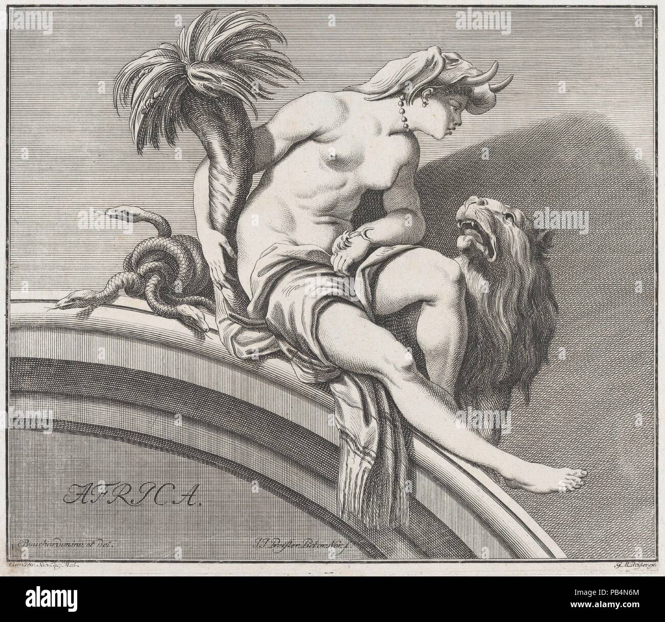 L'Africa. Artista: Dopo Edme Bouchardon (francese, Chaumont Parigi 1698-1762); Johann Justin Preissler (Tedesco, 1698-1771). Dimensioni: Foglio (rifilati): 11 1/8 × 12 15/16 in. (28,2 × 32,8 cm). Editore: Georg Martin Preissler (Tedesco, 1700-1754 Norimberga Norimberga). Serie/Portfolio: le quattro parti del mondo (Les Quatres parti du monde). Data: 1732. Questa incisione di una donna che rappresenta l' Africa è una di una serie che mostra i quattro continenti (America, Europa, Asia e Africa) come figure femminili. Essa è stata incisa da Johann Justin Preissler dopo Edmè Bouchardon. Gli attributi per ogni figura corr Foto Stock