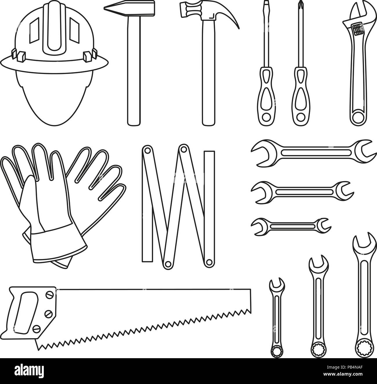 Line art in bianco e nero 15 tuttofare set di strumenti Illustrazione Vettoriale