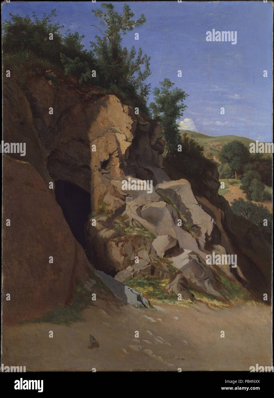 Paesaggio con una grotta. Artista: Théodore Caruelle d'Aligny (francese, Chaumes 1798-1871 di Lione). Dimensioni: 24 1/2 x 18 in. (62,2 x 45,7 cm). Come Camille Corot, con il quale ha spesso abbozzato nel mid-1820s, Aligny eseguiti studi di olio fuori-di-porte, principalmente come esercizi privati che non erano destinate ad esposizioni. Questo lavoro, inscritto al suo amico artista Théophile-Emmanuel Duverger (1821-1898), è evidentemente uno studio indipendente. Essa è simile a quella di altri paesaggi dipinti durante l'artista della tassa di soggiorno in Italia nel mid-1830s. Museo: Metropolitan Museum of Art di New York, Stati Uniti d'America. Foto Stock