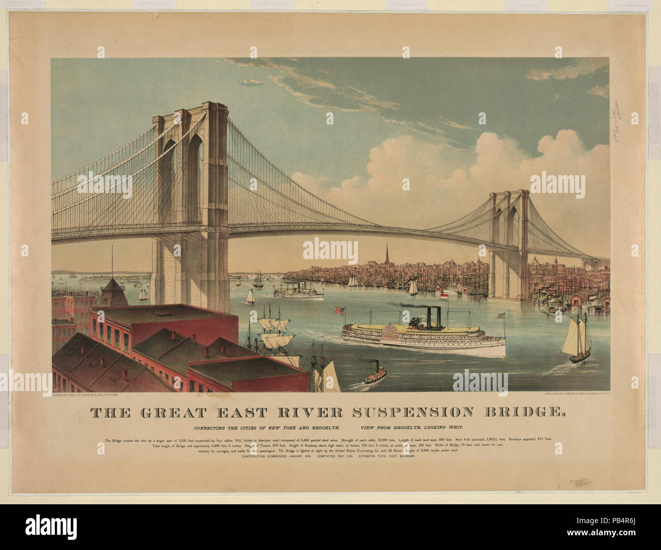 1640 Il grande East River sospensione ponte- che collega la città di New York e Brooklyn, guardando ad ovest LCCN2001704263 Foto Stock