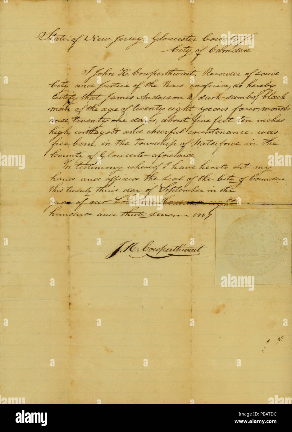 822 James Anderson Certificato di libertà Foto Stock