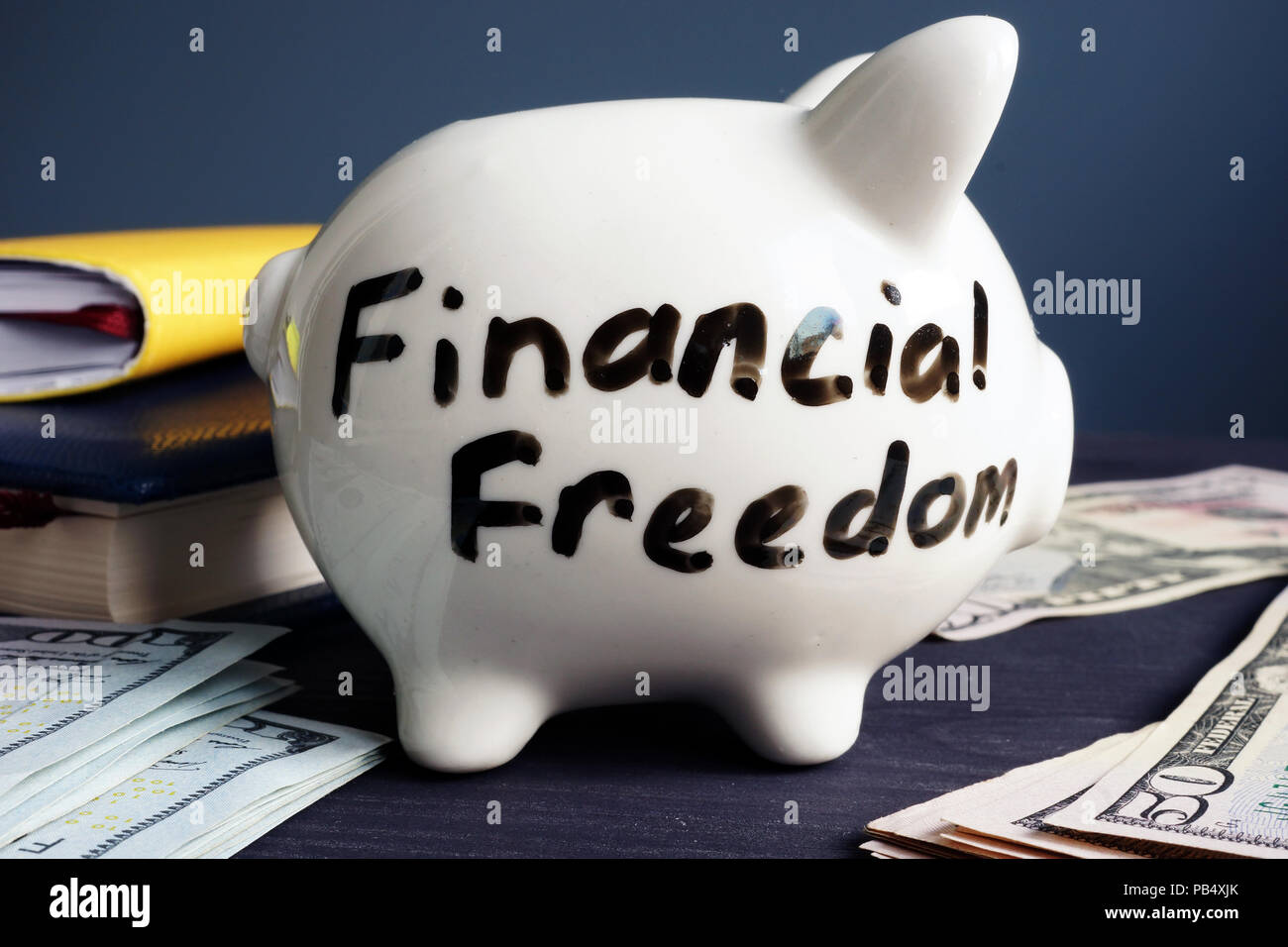 La libertà finanziaria scritto su un lato del salvadanaio. Foto Stock