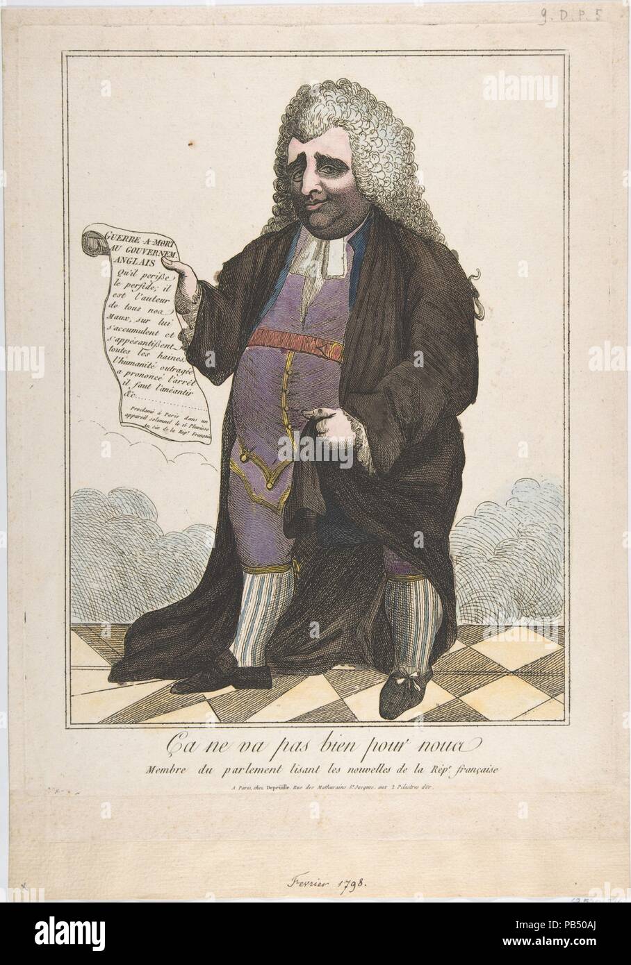 Non è andata bene per noi: un membro del Parlamento la lettura di notizie della Repubblica francese (Ça ne va pas bien pour nous: Membre du parlement lisant Les Nouvelles de la Rep[ublique] française). Artista: Anonimo, francese del XVIII secolo. Dimensioni: piastra: 13 7/8 x 10 5/8 in. (35,3 x 27 cm) foglio: 14 15/16 x 11 1/4 in. (38 x 28,5 cm). Editore: pubblicato da François Jules Gabriel Depeuille (francese, attivo a Parigi, 1783-98) , Parigi. Data: Febbraio 1798. Museo: Metropolitan Museum of Art di New York, Stati Uniti d'America. Foto Stock