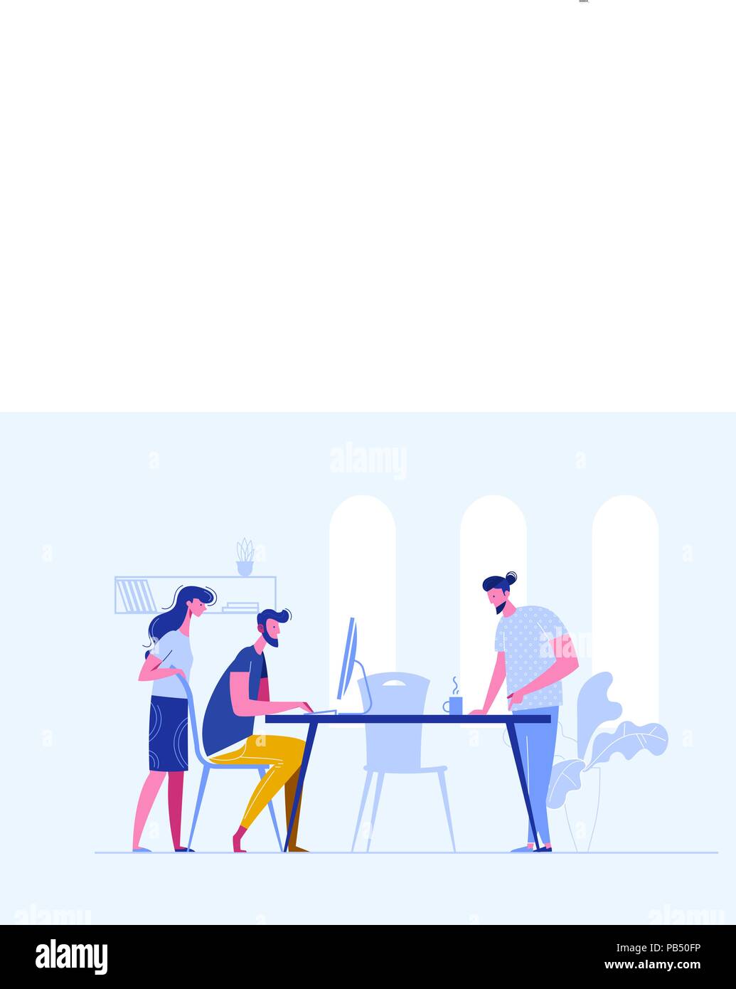 Concetto di vettore del lavoro di squadra creativa edificio bisiness online in un openspace. Sturtup lavoro.incontro la gente di affari. Discussione della strategia aziendale della società. Illustrazione Vettoriale in uno stile piatto Illustrazione Vettoriale