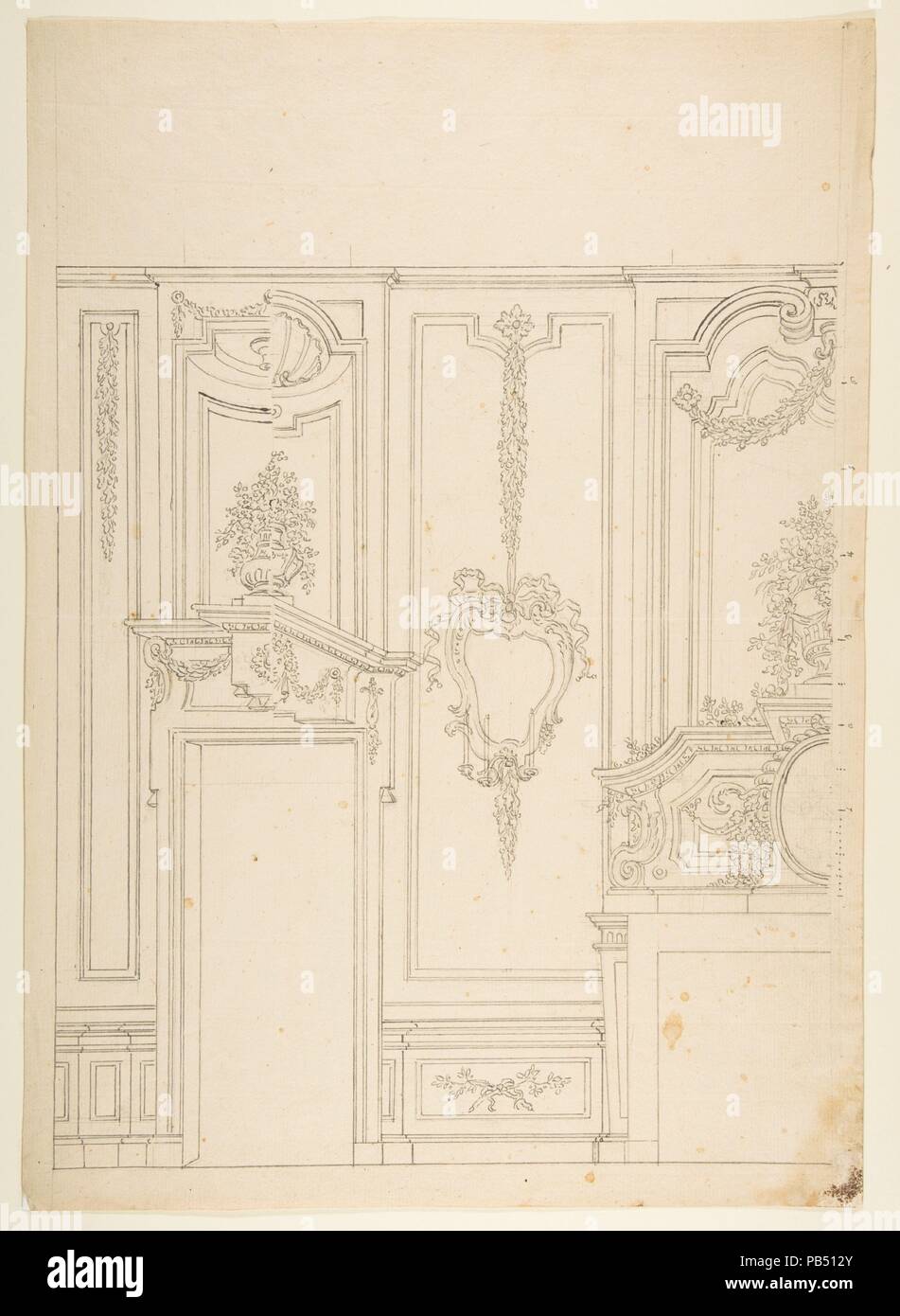 Design per una parete con elevazione dimezzato modelli alternativi per la porta (recto); progetti per un quarto di un soffitto, design per una parete elevazione (verso). Artista: Workshop di Leonardo Marini (italiano, piemontese documentato ca. 1730-dopo il 1797). Dimensioni: 17-3/8 x 12-3/8 in. (44,2 x 31,5 cm). Data: 1774-90. Museo: Metropolitan Museum of Art di New York, Stati Uniti d'America. Foto Stock