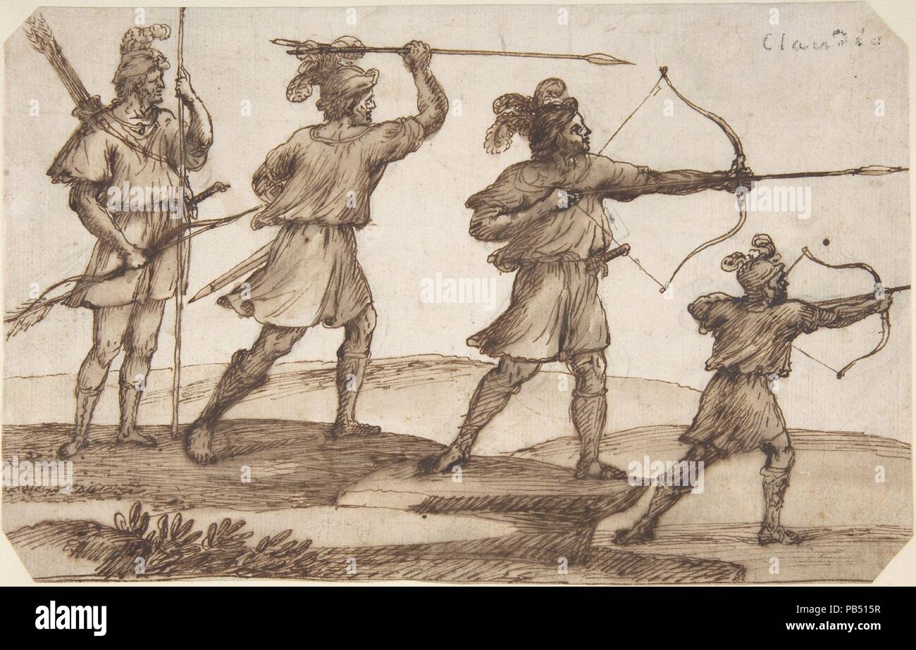 Tre arcieri e una figura con una lancia. Artista: Claude Lorrain (Claude Gellée) (francese, Chamagne 1604/5?-1682 Roma). Dimensioni: 6 1/4 x 9 1/4 in. (15,9 x 23,5 cm). Data: ca. 1670-72. A seguito del XVII secolo le gerarchie, Claude i paesaggi sono stati elevati al più alto regno della storia della pittura dal loro inclusione di piccole scene tratte dalla mitologia e storia antica. Questo foglio di studi si riferisce al 1672 vista sulla costa della Libia con Enea Caccia, nel Musée des Beaux-Arts, Bruxelles dipinta per Paolo Francesco Falconieri (1626-1696), un principe di origine fiorentina che vive a Roma o Foto Stock