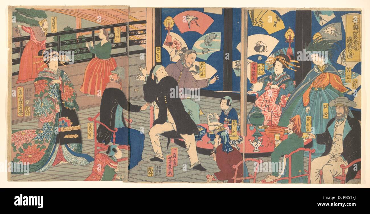 Il governo coreano'koku o Gankiro sakamori no zu cinque nazioni che godono di un ubriaca Revel al Gankiro Tea House. Artista: Utagawa Yoshiiku (giapponese, 1833-1904). Cultura: il Giappone. Dimensioni immagine: (a): 14 3/4 x 10 in. (37,5 x 25,4 cm) immagine (b): 14 3/4 x 10 in. (37,5 x 25,4 cm) immagine (c): 14 3/4 x 10 in. (37,5 x 25,4 cm). Data: dodicesimo mese, 1860. Museo: Metropolitan Museum of Art di New York, Stati Uniti d'America. Foto Stock