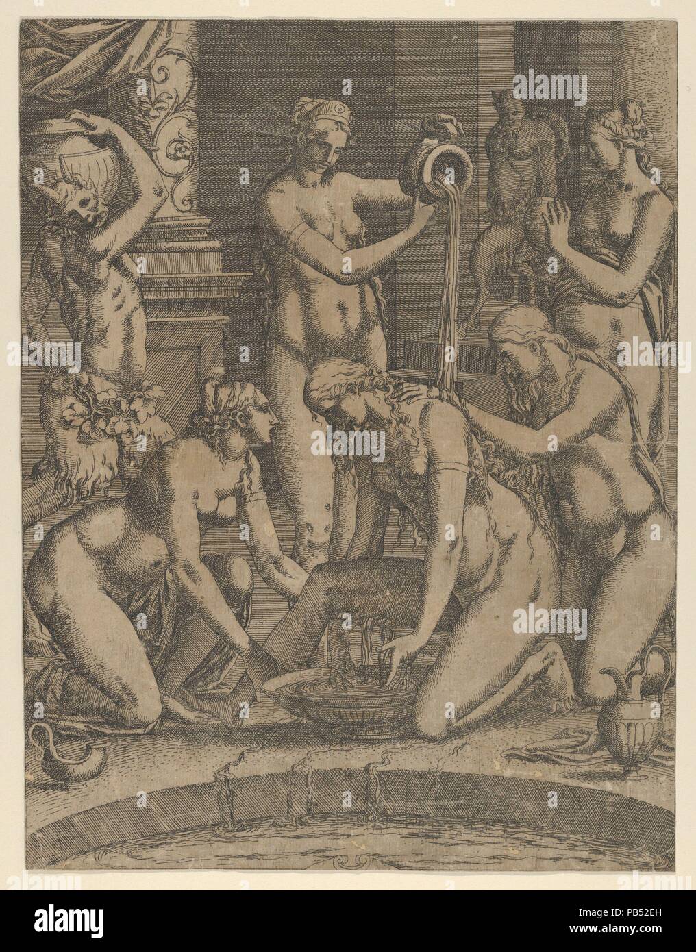 Il Bagno di Venere ha partecipato dalle ninfe. Artista: Jean Mignon (francese, attivo 1535-ca. 1555); dopo Luca Penni (italiano, Firenze 1500/1504-1557 Parigi). Dimensioni: Foglio (rifilati): 12 1/2 x 9 1/2 in. (31,7 × 24,2 cm). Data: 1535-55. Museo: Metropolitan Museum of Art di New York, Stati Uniti d'America. Foto Stock