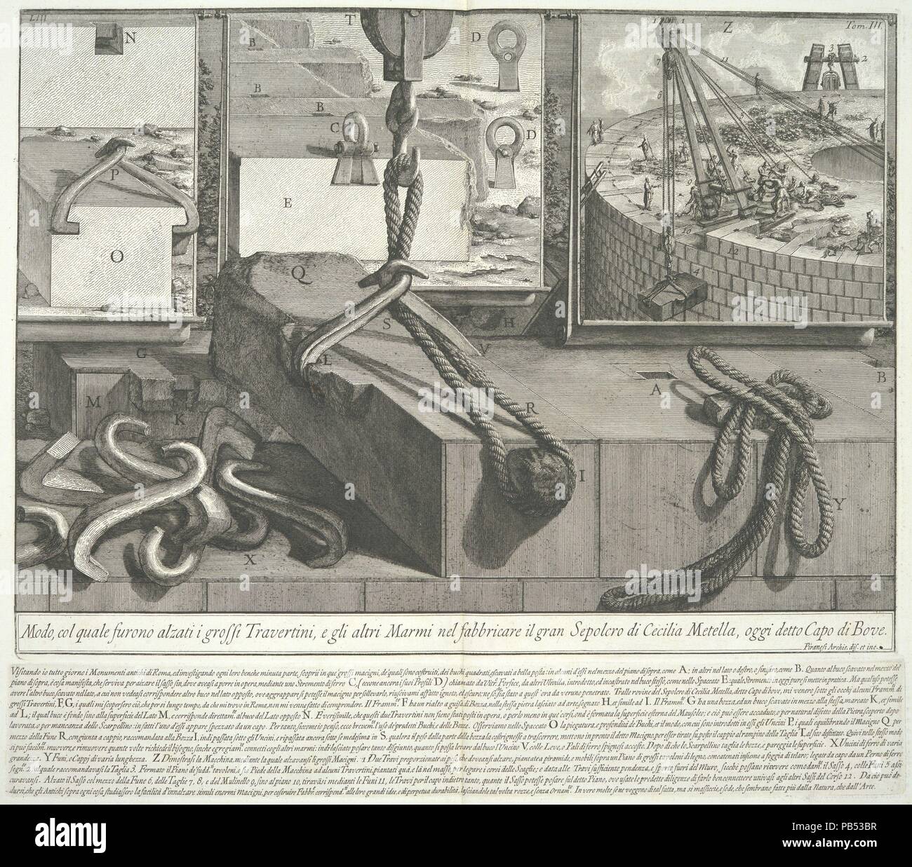 Mezzi mediante i quali i grandi blocchi di travertino e marmo sono stati sollevati durante la costruzione della grande tomba di Caecilia Metella, da Le antichità romane (antichità romane), tomo 3, la tavola 53. Artista: Giovanni Battista Piranesi (italiano, Mogliano Veneto Roma 1720-1778); Angelo Rotili. Dimensioni: foglio: 21 1/4 x 30 5/16 in. (54 x 77 cm): piastra 18 1/8 x 20 7/8 in. (46 x 53 cm). Serie/Portfolio: Le antichità romane, tomo 3. Data: pubblicato 1756-57. Mentre Piranesi era al lavoro sull'Antichità Romane, il risultato di anni di ricerca nel campo dell'altamente sviluppato competenze di ingegneria dei Romani Foto Stock