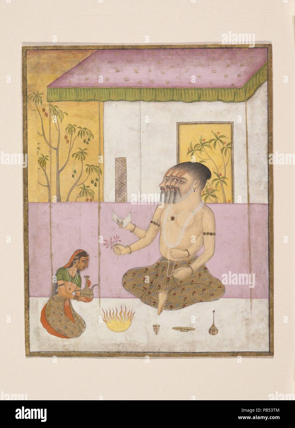 Ragini Khambhavati: Folio da una serie ragamala (ghirlanda di modi musicali). Cultura: (India Rajasthan, Bikaner). Dimensioni: 6 1/4 x 5 in. (15,9 x 12,7 cm). Data: ca. 1675. Qui un mendicante femmina rende un fuoco vedico offrendo al dio Brahma che è rappresentato con quattro facce sovrapposte e contiene un testo, rosario (mala), e fiori. Un precedente ragamala testo del 1550 fornisce la seguente descrizione di Brahma: "Egli [Brahma] insegna il Vedas . . . E provoca altri per eseguire il fuoco-oblazione. Un indumento luminoso copre la bellezza del suo corpo; [her] Fair di bagliori di colore.". Museo: Metropolitan M Foto Stock