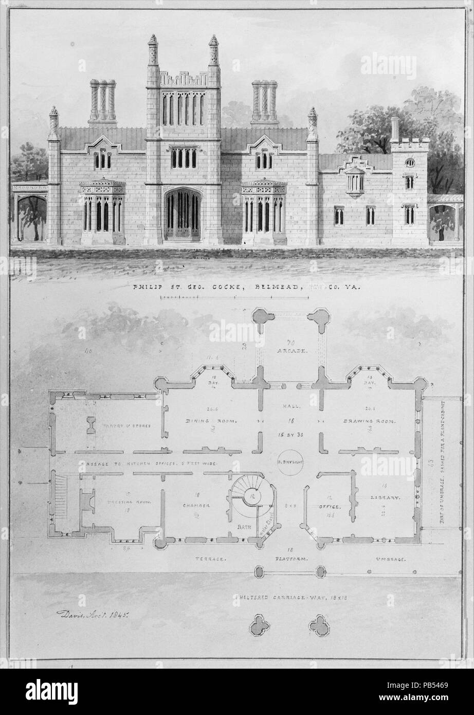Belmead, per Filippo San Giorgio Cocke, Powhatan Co., Virginia (elevazione e piano). Artista: Alexander Jackson Davis (American, New York 1803-1892 di West Orange, New Jersey). Dimensioni: foglio: 10 3/8 x 7 3/16 in. (26,4 x 18,2 cm). Data: 1845. Museo: Metropolitan Museum of Art di New York, Stati Uniti d'America. Foto Stock