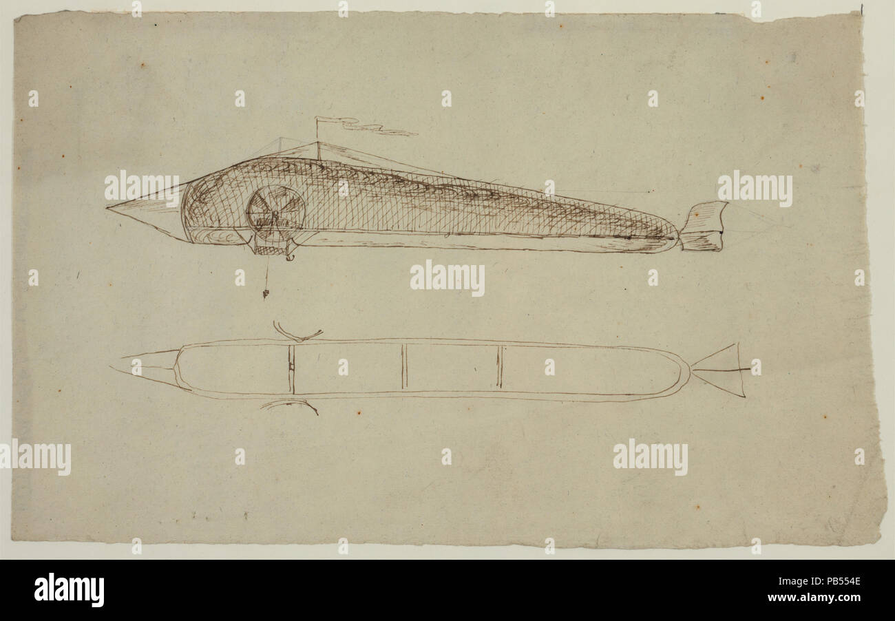 1782 due viste di un dirigibile conformata come un lungo tubo con un naso appuntito, eliche sul lato e di un timone, che assomiglia a un 1850 disegno proposto da Pierre Jullien, un orologio francese maker da Villejuif, LCCN2002735674 Foto Stock