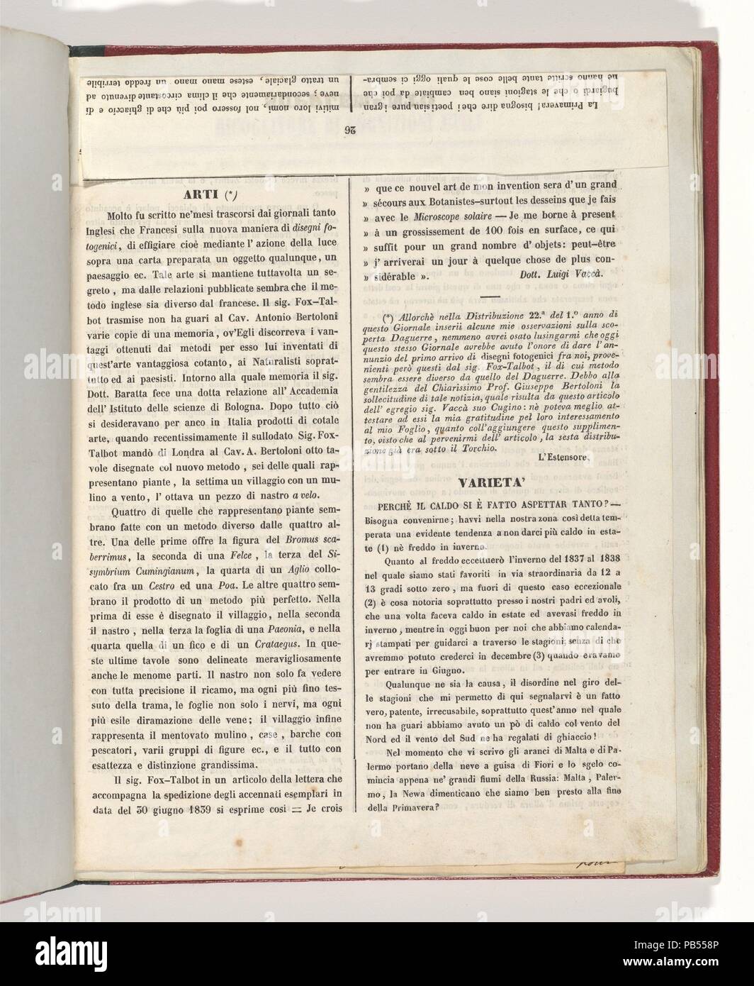 [Supplemento al n. 6 anno 2o del Ricoglitore di cognizioni utili (15 luglio 1839), p. 25]. Dimensioni: 30,1 x 20,4 cm (11 7/8 x 8 1/16 in.). Data: 1839. Museo: Metropolitan Museum of Art di New York, Stati Uniti d'America. Foto Stock