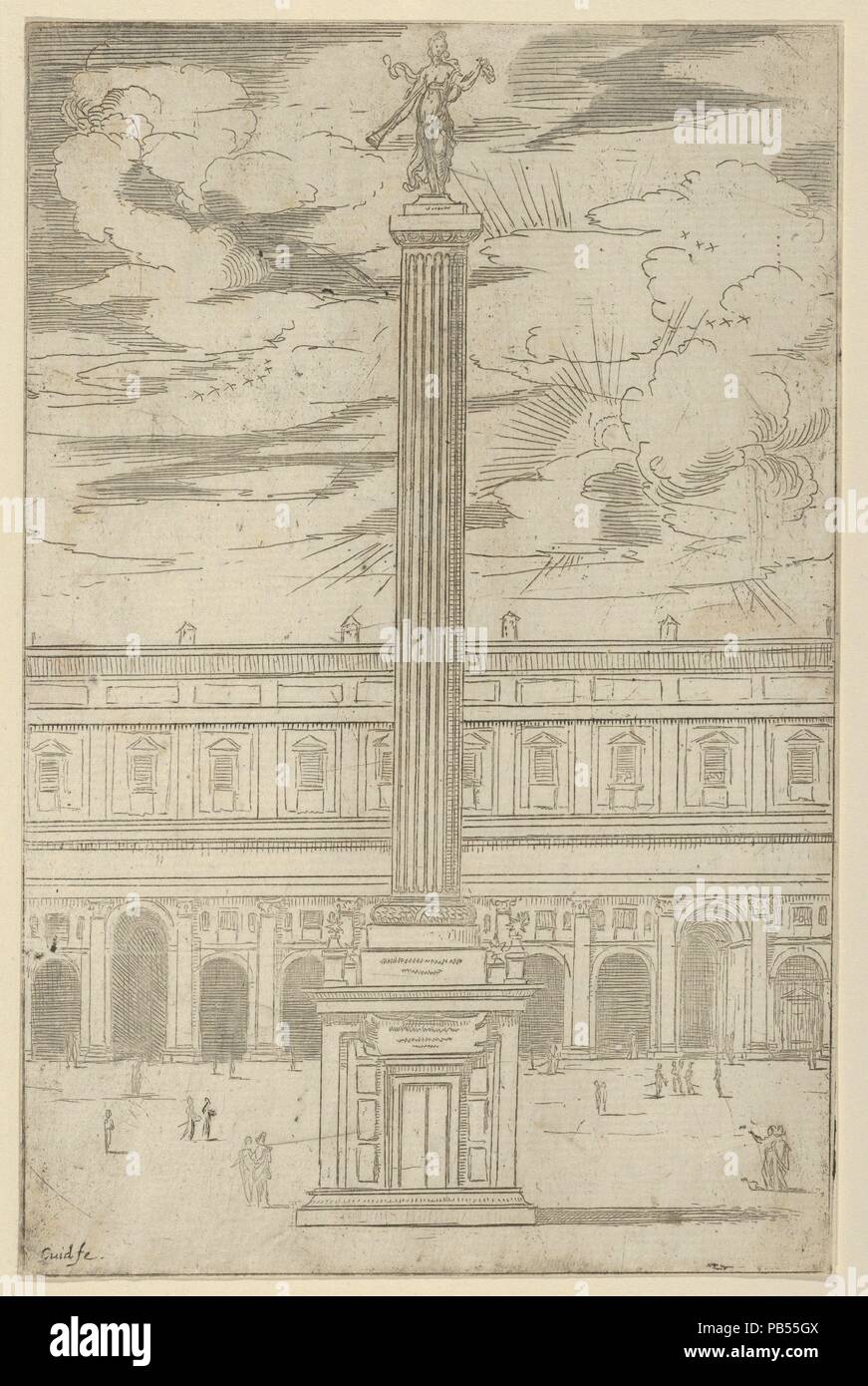 Colonna trionfale con figura femminile di fama in possesso di una tromba in cima, una decorazione temporanea per la voce del Papa Clemente VIII a Bologna nel 1598. Artista: Guido Reni (italiano, Bologna 1575-1642 Bologna). Dimensioni: Foglio (rifilati): 8 9/16 x 5 9/16 in. (21,7 × 14,2 cm). Serie/Portfolio: Descrittione de gli apparati fatti a Bologna per la venuta di N.S. Papa Clemente VIII. Data: 1598. Da 'Descrittione de gli apparati fatti a Bologna per la venuta di N.S. Papa Clemente VIII", un libro contenente una descrizione dei festeggiamenti per il Papa Clemente VIII Entrata a Bologna e otto acqueforti Foto Stock