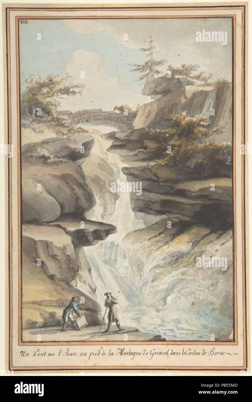 Un ponte sull'Aar, ai piedi del Grimsel, nel cantone di Berna. Artista: Caspar Wolf (Swiss, Muri 1735-1783 Heidelberg). Dimensioni: foglio: 12 x 7 15/16 in. (30,5 x 20,2 cm). Data: ca. 1775. Museo: Metropolitan Museum of Art di New York, Stati Uniti d'America. Foto Stock