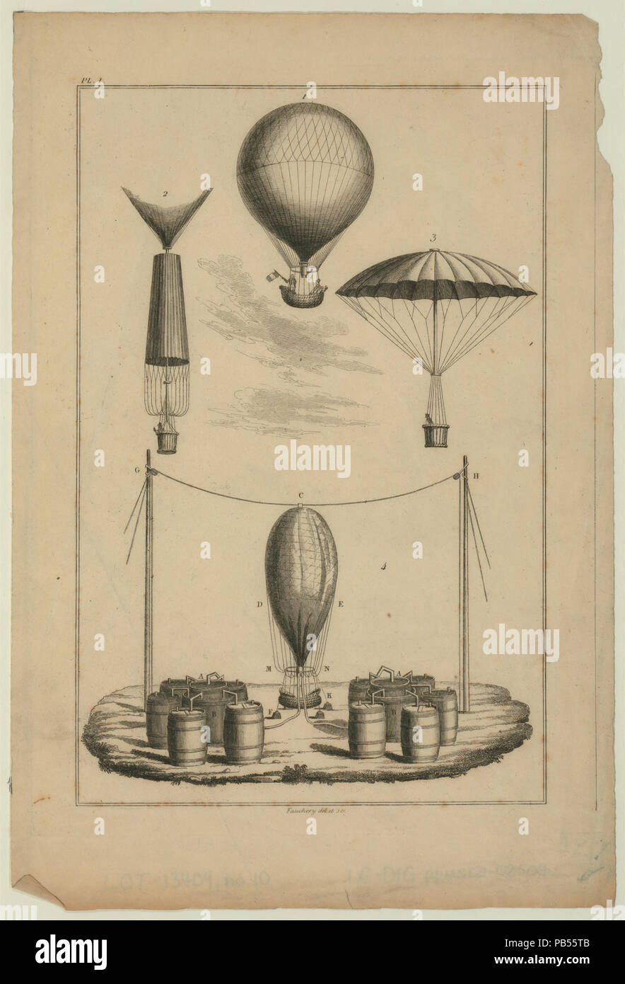 1601 Illustrazione tecnica illustra quattro fasi di André Garnerin il paracadute - apparecchiatura per il gonfiaggio di un palloncino con idrogeno, un palloncino in volo, paracadute attaccato al palloncino ascendente, e paracadute LCCN2002735900 Foto Stock