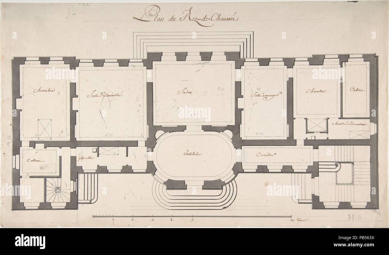 Piano terra di un palazzo. Artista: Degana. Progettista: progettato da Raux. Dimensioni: 9 13/16 x 16 7/8 in. (24,9 x 42,8 cm). Data: n.d.. Museo: Metropolitan Museum of Art di New York, Stati Uniti d'America. Foto Stock