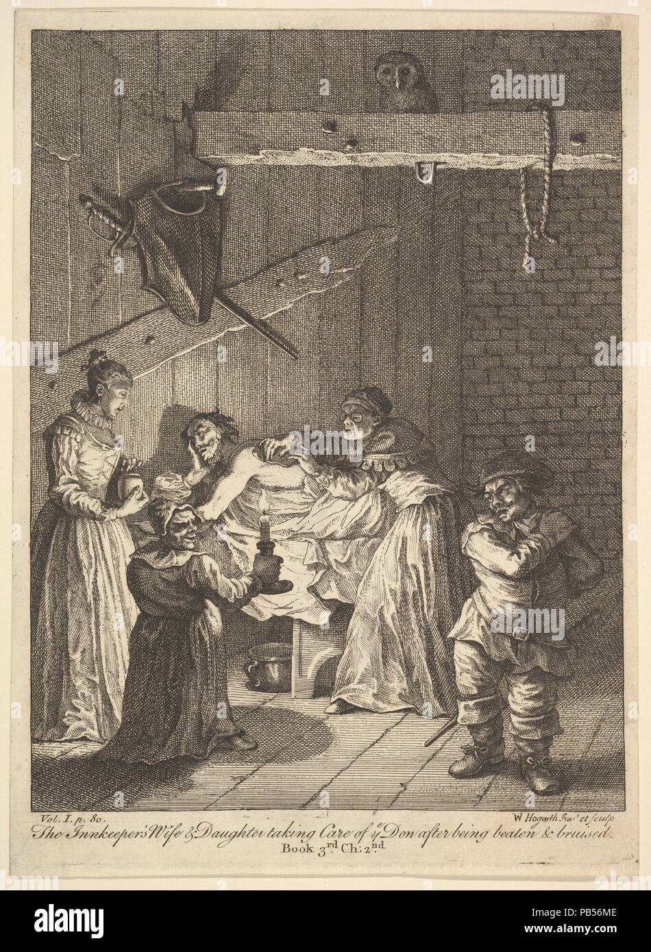 Il Locandiere la moglie e la figlia di prendersi cura di voi Don dopo essere stato picchiato e ferito (sei illustrazioni per Don Chisciotte). Artista: William Hogarth (British, Londra Londra 1697-1764). Autore: illustrazione di Miguel de Cervantes Saavedra (spagnolo, Alcalá 1547-1616 Madrid). Dimensioni: foglio: 9 15/16 x 7 3/16 in. (25,2 x 18,3 cm). Data: 1756 o dopo. Museo: Metropolitan Museum of Art di New York, Stati Uniti d'America. Foto Stock