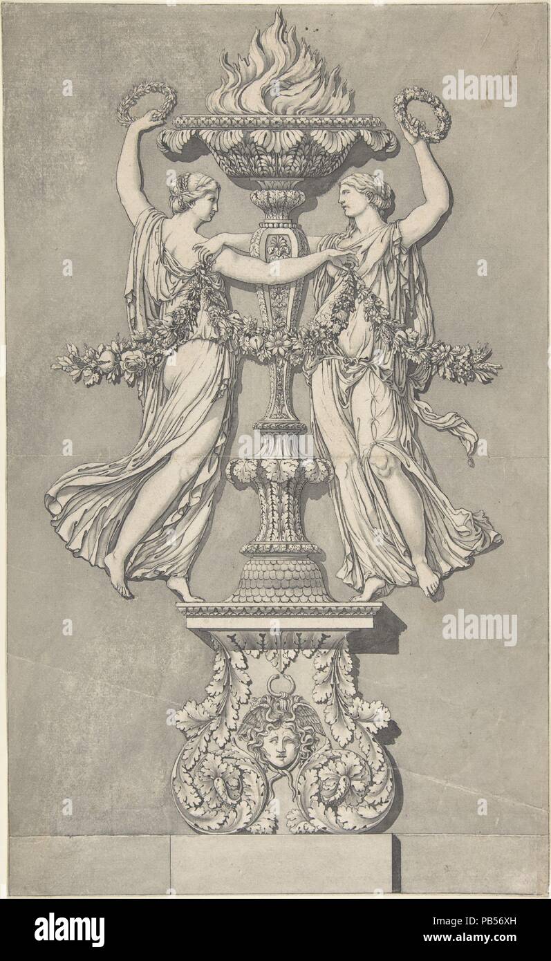 Candelabro con vittoria di due cifre (per 'Ornamenti Diversi'). Artista: attribuito a Giocondo (Giuseppe) Albertolli (italiano, Bedano 1742-1839 Milano). Dimensioni: foglio: 17 1/16 x 10 7/16 in. (43,4 x 26,5 cm). Data: ca. 1782. Giocondo Albertolli è stata una delle grandi menti di architettura e design durante il periodo neoclassico in Italia. Fu nominato professore di ornamento architettonico presso l' Accademia di Belli Arti di Brera (Milano) e ulteriori istruzioni e diffondere le sue idee attraverso quattro importanti pubblicazioni per la stampa. La prima, pubblicata nel 1782, è stato chiamato semplicemente "Ornamenti Divers Foto Stock