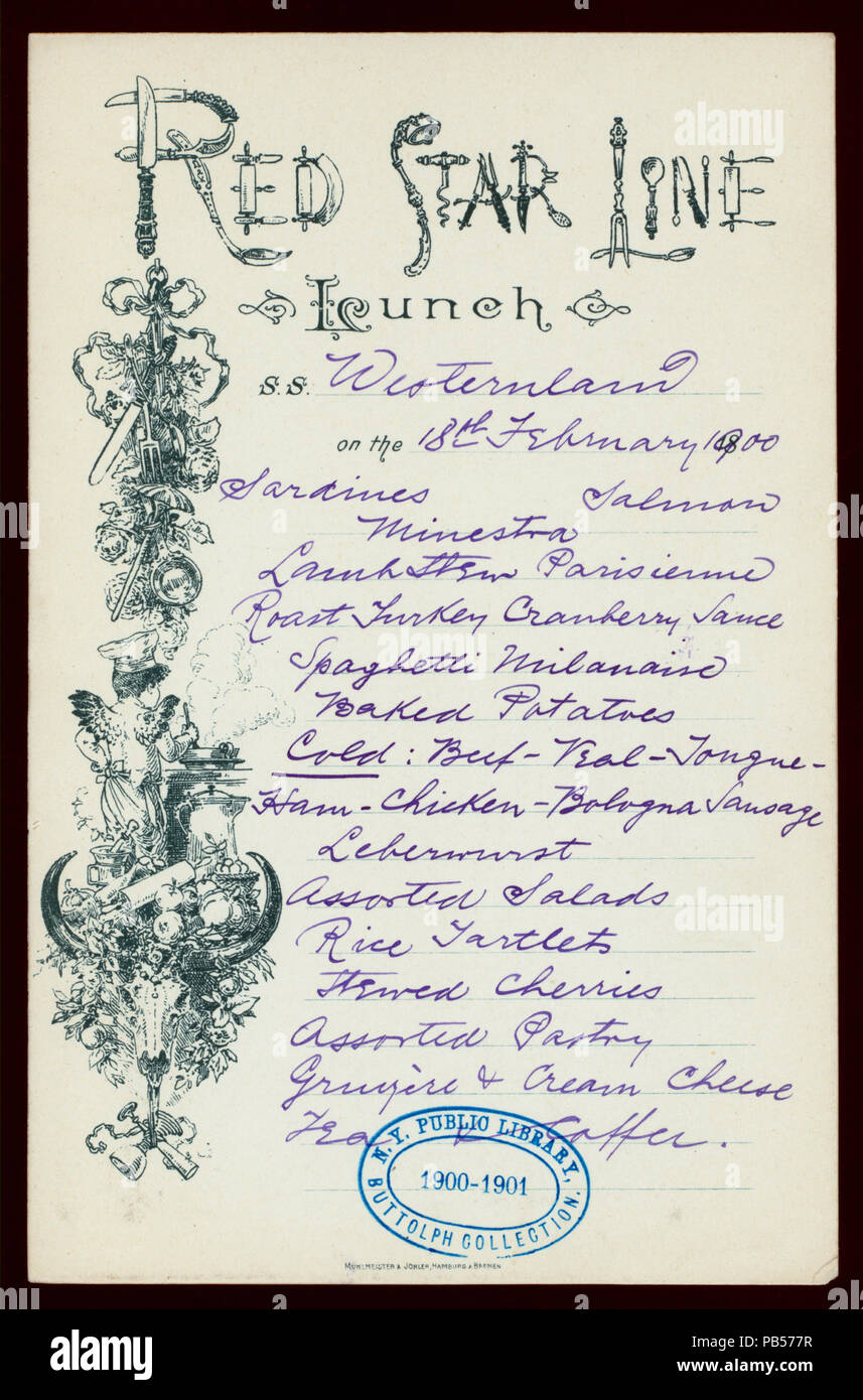 965 pranzo (detenute da) RED STAR LINE (a) EN ROUTE A BORDO DI S.S. WESTERNLAND (SS;) (NYPL ADE-272845-475813) Foto Stock