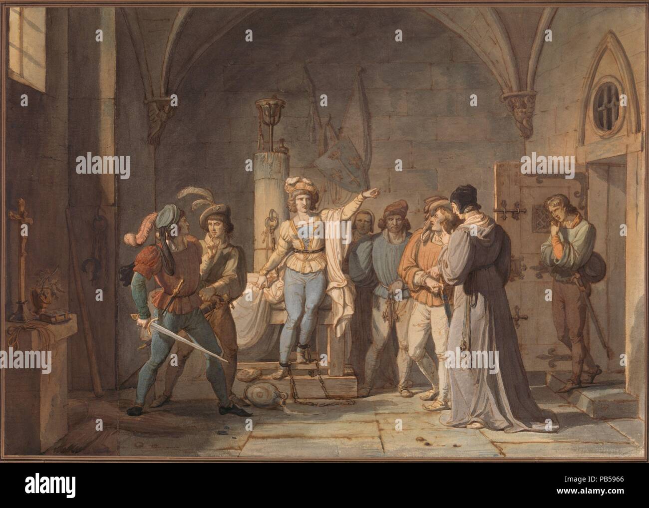 Giovanna d Arco rinchiuso nella prigione di Rouen. Artista: Pierre Henri Revoil (francese di Lione Lione 1776-1842). Dimensioni: 18 7/8 x 26 7/8 in. (48 x 68,2 cm.). Data: 1819. Attivo sia a Parigi dove è stato studente di Jacques-Louis David e nella sua nativa Lione, Revoil era un leader fautore del Trovatore, uno stile favorito historicizing soggetti. Questo altamente foglio finito è uno studio per Revoil la pittura di Giovanna d Arco in prigione (Musée des Beaux-Arts, Rouen), espone al Salon del 1819. La composizione ha un debito di David stile Neoclassico nella sua disposizione planare e leggibili pone, ma Revoil Foto Stock