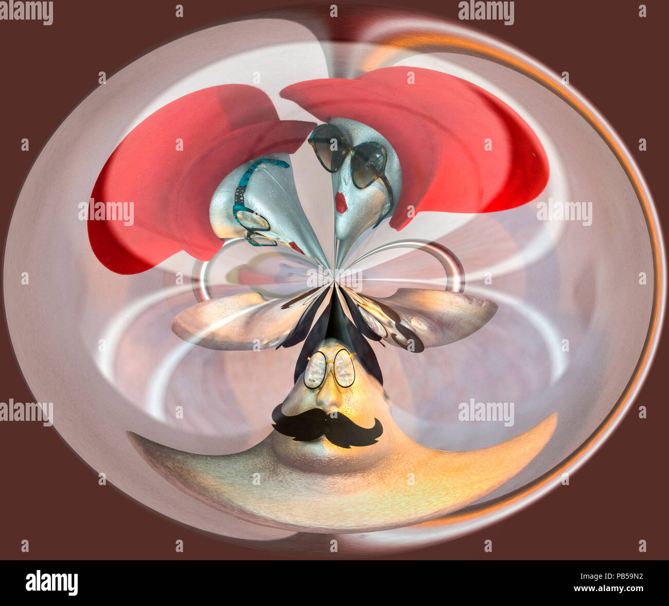 Divertente manichino teste con cappelli, mustaches e sunglassses di forma ovale Foto Stock