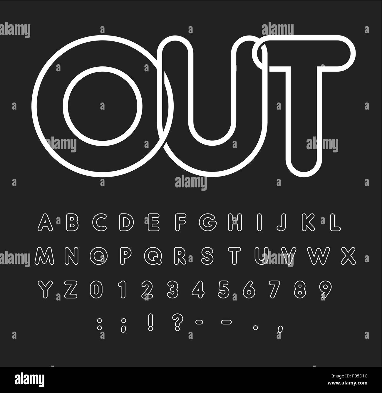 Alfabeto di contorno, lettere bianche su sfondo nero, Outline stile, carattere tipografico moderno design, font vettoriali, modello di lettere maiuscole, tubo al neon, monogramma e il logo modello. Illustrazione Vettoriale