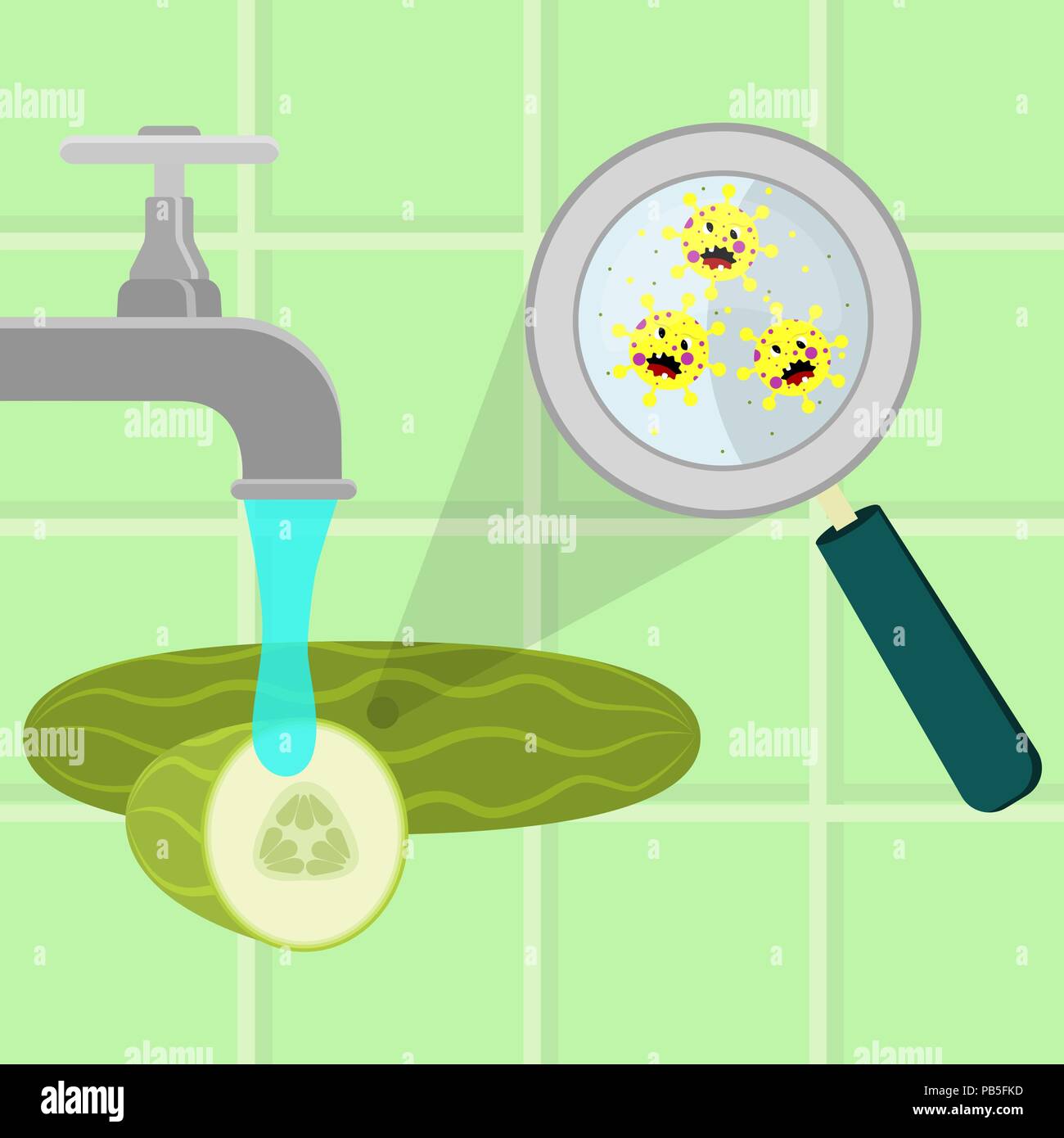 Il cetriolo contaminato con il cartoon microbi essendo pulito e lavato in una cucina. Microrganismi, virus e batteri nel vegetale ingrandita di un m Illustrazione Vettoriale