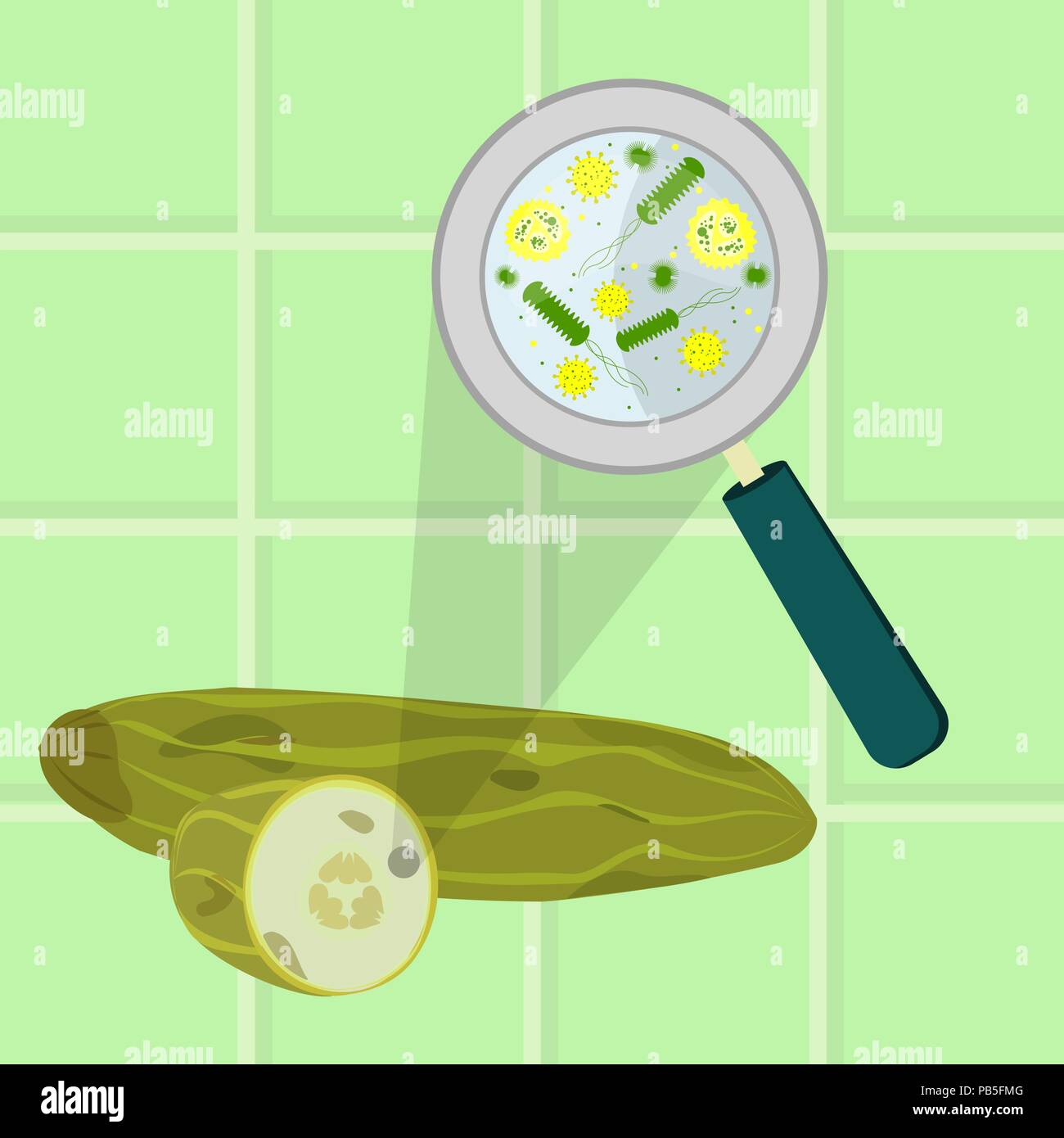 Cetriolo contaminato. Microrganismi, virus e batteri nel marcio e rovinato il cetriolo ingrandita di una lente di ingrandimento. Piastrelle in background. Illustrazione Vettoriale