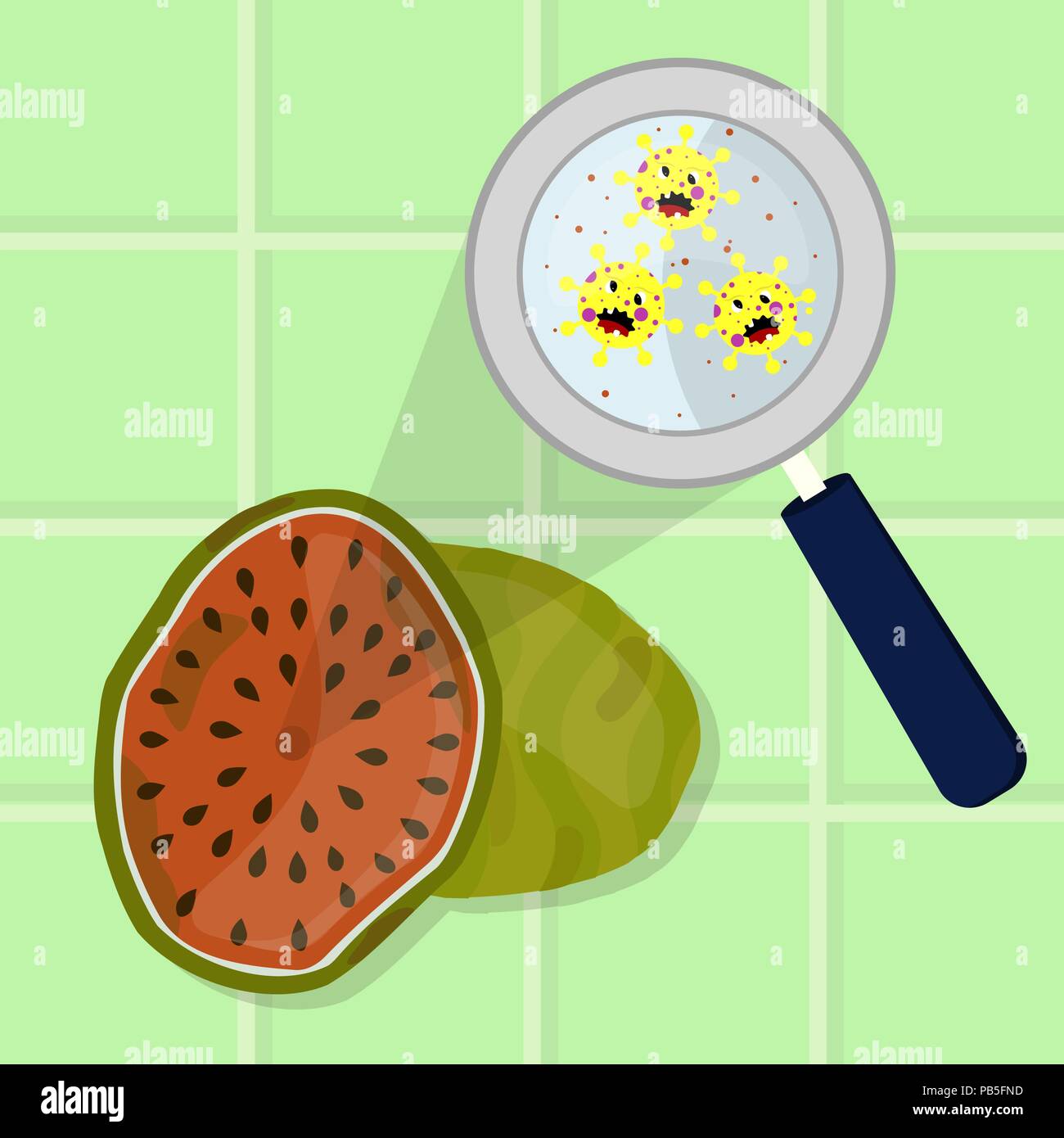 Anguria contaminati con il cartoon microbi essendo pulito e lavato in una cucina. Microrganismi, virus e batteri nel frutto ingrandita di un mag Illustrazione Vettoriale