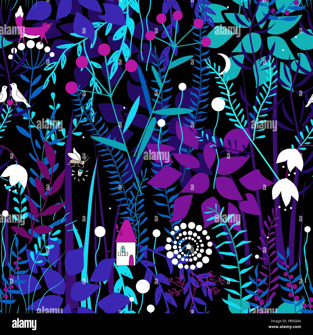 Vector seamless pattern con notte piante di foresta e casa di fata. Fairy doodle fantasy piante. Illustrazione Vettoriale