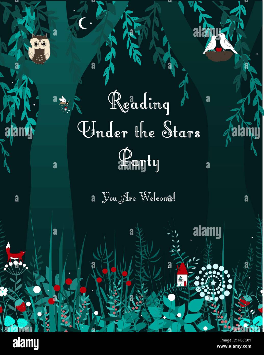Turismo o notte evento sociale forest banner verticale. Sfondo con notte doodle fiori, alberi, luna e stelle. Abstract vettore isolato illustrat Illustrazione Vettoriale