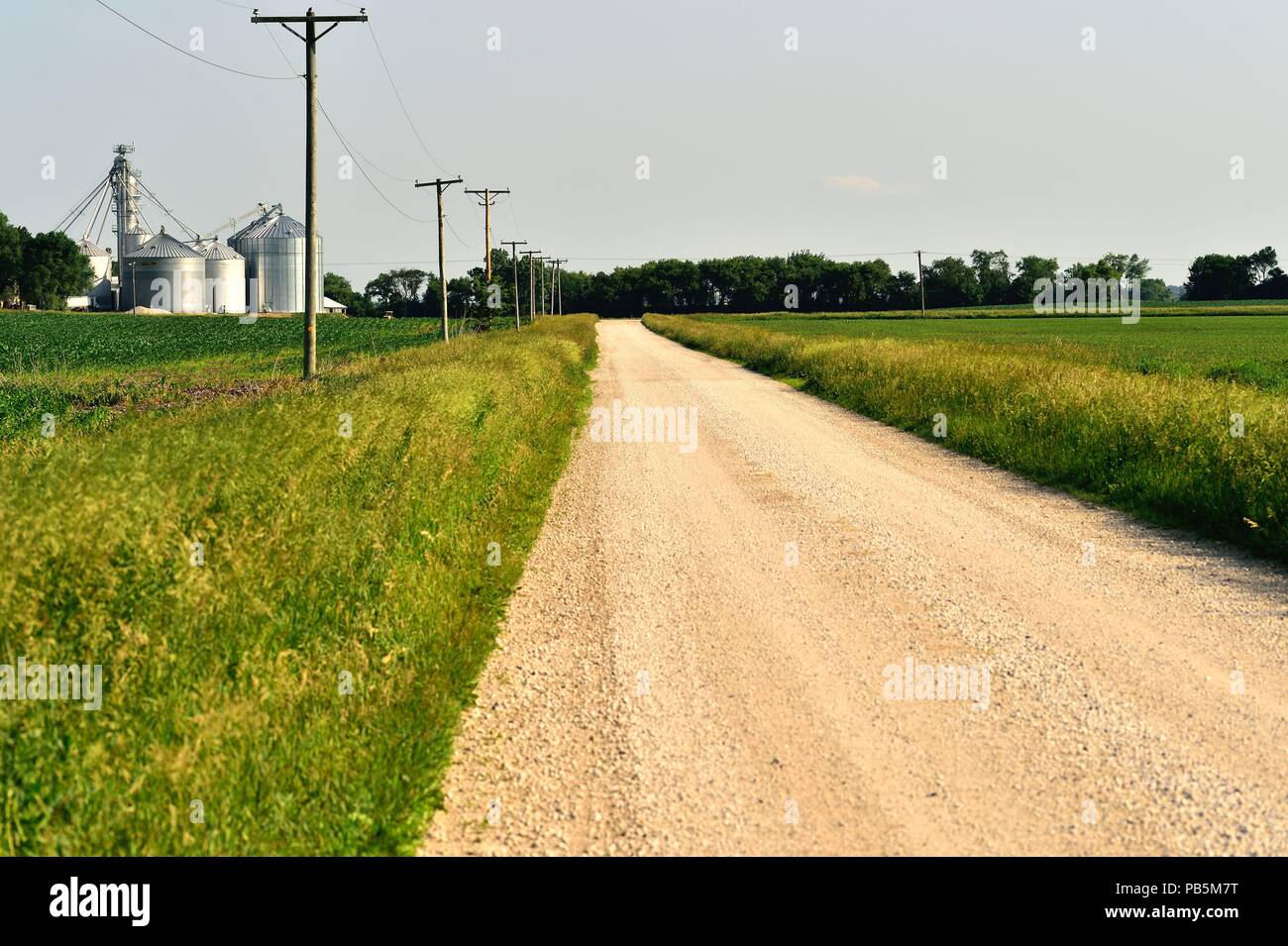 Virgilio, Illinois, Stati Uniti d'America. Una strada sterrata avvolgimento passato una cooperativa di agricoltori nelle zone rurali norhteastern Illinois. Foto Stock