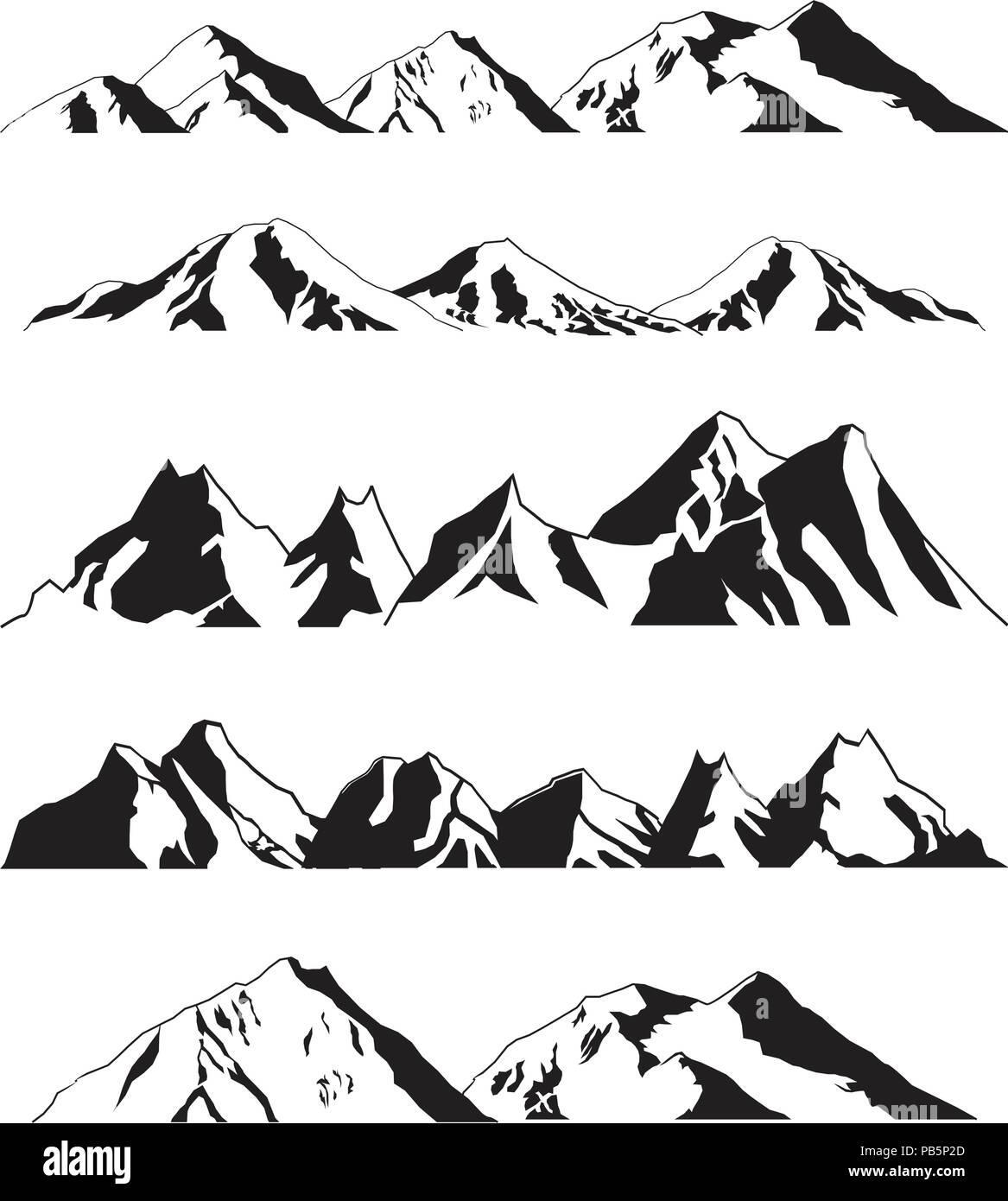 Montagne Paesaggio Silhouette in panoramica illustrazione impostato Illustrazione Vettoriale
