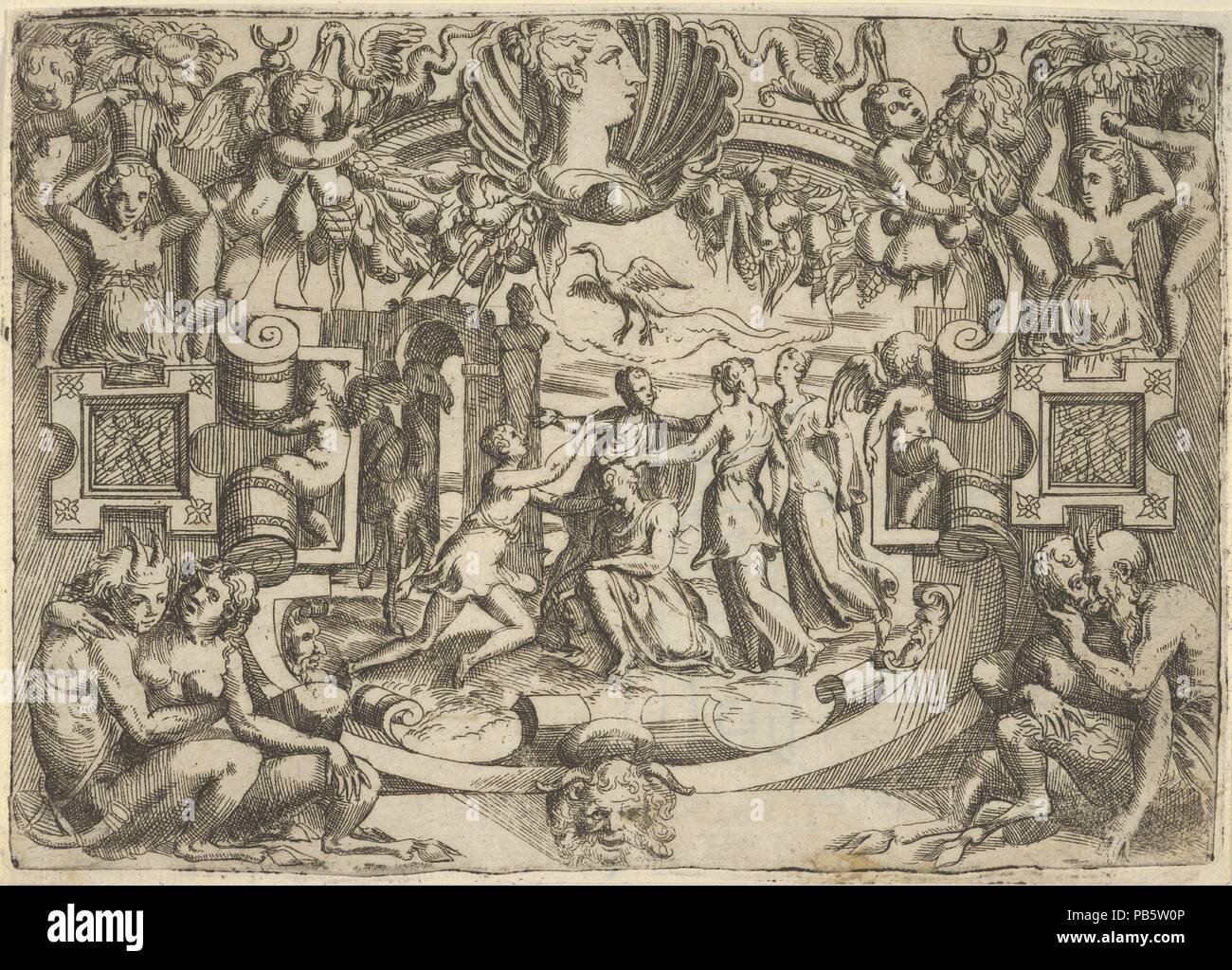 Quattro donne che circondano un inserita la figura di un uccello sopra di loro, entro un telaio di elaborati. Artista: Battista Angolo del Moro (italiano, Verona ca. 1515-ca. 1573 Murano); precedentemente attribuito ad Andrea Schiavone (Andrea Meldola) (italiano, Zadar (Zara) ca. 1510?-1563 Venezia); dopo Jacques Androuet Du Cerceau (francese, Parigi 1510/12-1585 Annecy). Dimensioni: Foglio (rifilati): 5 3/16 x 7 5/16 in. (13,1 × 18,5 cm). Data: ca. 1540-80. Museo: Metropolitan Museum of Art di New York, Stati Uniti d'America. Foto Stock