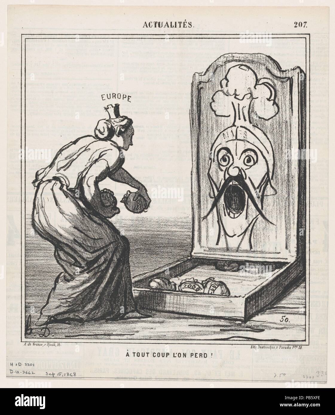 Ogni toss perde, da 'Notizie del giorno", pubblicato in Le Charivari, 15 settembre 1868. Artista: Honoré Daumier (francese, Marsiglia 1808-1879 Valmondois). Dimensioni: Immagine: 9 1/2 x 8 3/4 in. (24,1 × 22,3 cm) foglio: 11 3/4 × 10 1/16 in. (29,9 × 25,5 cm). Stampante: Destouches (Parigi). Editore: Arnaud de Vresse. Serie/Portfolio: 'Notizie del giorno" (Actualités). Data: 15 settembre 1868. Museo: Metropolitan Museum of Art di New York, Stati Uniti d'America. Foto Stock