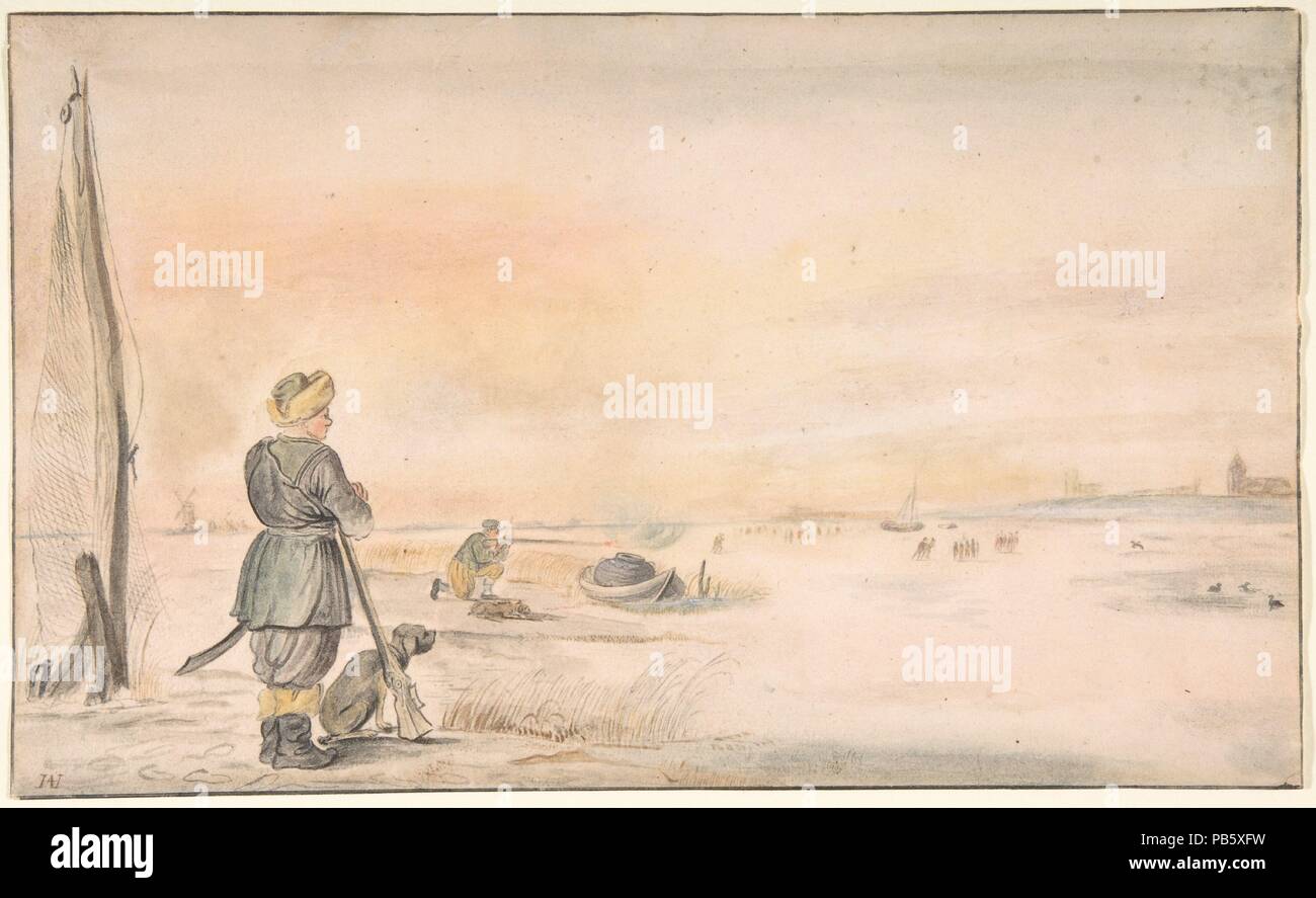 Paesaggio invernale con un cacciatore e il suo cane. Artista: Hendrick Avercamp (Olandese, Amsterdam Kampen 1585-1634). Dimensioni: foglio: 7 1/4 x 12 1/8 in. (18,4 x 30,8 cm). Data: n.d.. Museo: Metropolitan Museum of Art di New York, Stati Uniti d'America. Foto Stock