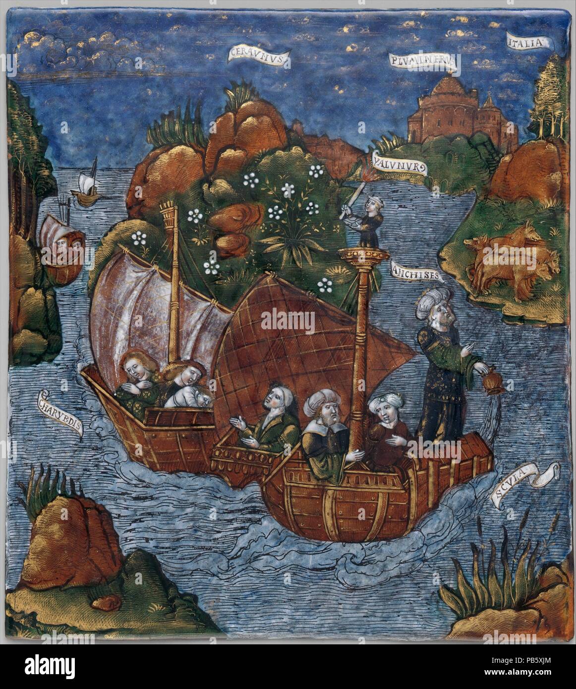 La flotta di Enea arriva in vista dell'Italia (Eneide, Libro III). Artista:  Master dell'Eneide (active ca. 1530-40). Cultura: francese, Limoges.  Dimensioni: 8 3/4 x 7 3/4 in. (22,2 x 19,7 cm). Data: