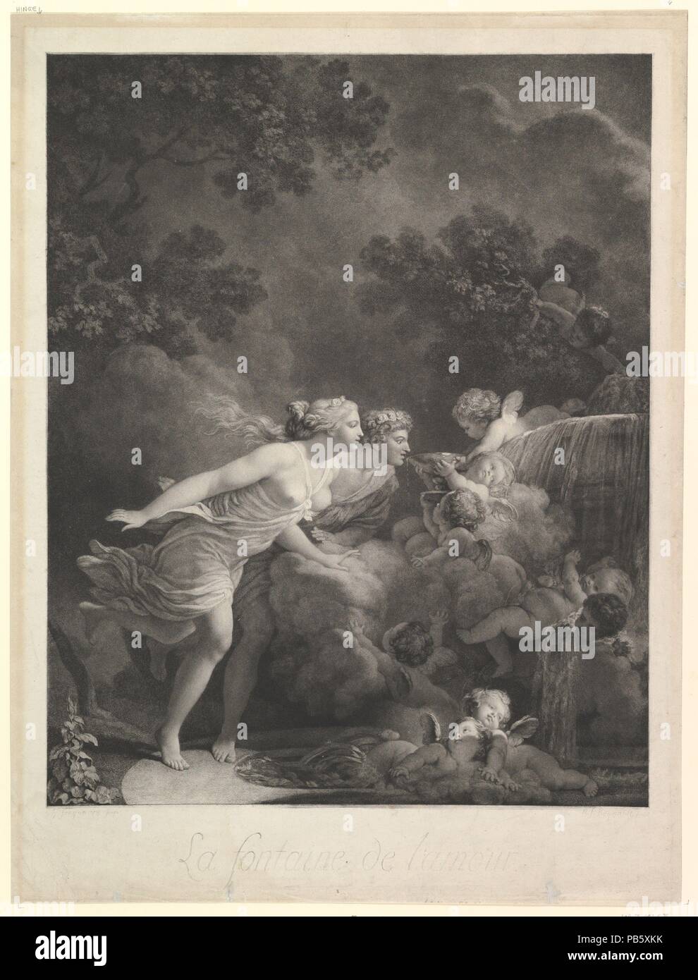 La Fontaine d'Amour. Artista: Dopo Jean Honoré Fragonard (francese, Grasse 1732-1806 Paris). Dimensioni: foglio: 24 15/16 x 19 in. (63,4 x 48,3 cm) immagine: 23 7/16 x 16 15/16 in. (59,5 x 43,1 cm). Incisore: incisi da Nicholas François Regnault (francese, Parigi 1746-1810). Data: 1785. Museo: Metropolitan Museum of Art di New York, Stati Uniti d'America. Foto Stock