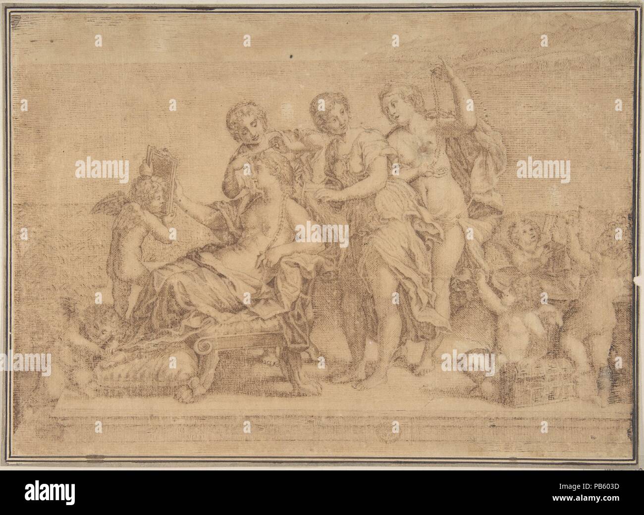 Intagliatore di copia dopo La Toletta di Venere. Artista: Dopo Francesco Albani (Italiano, 1578-1660 Bologna Bologna). Dimensioni: 8 1/4 x 11 3/8a. (21 x 28.9cm). Data: del xvii secolo. Museo: Metropolitan Museum of Art di New York, Stati Uniti d'America. Foto Stock