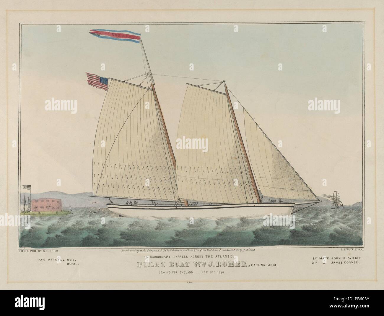 Straordinario Express attraverso l'Atlantico - barca pilota William J. Romer, Capitano McGuire, lasciando per Inghilterra febbraio 9th, 1846. Dimensioni: Immagine: 8 1/4 x 12 11/16 in. (21 x 32,2 cm) foglio: 13 7/16 x 18 1/16 in. (34,1 x 45,9 cm). Litografo: litografato e pubblicato da Nathaniel Currier (American, Roxbury, Massachusetts 1813-1888 New York). Data: 1846. Un due-masted sailing vessel viaggi a destra attraverso onde ruvida. Un'altra nave può essere visto in fondo a destra e un edificio sorge su un isola a sinistra. Una bandiera americana vola dalla nave's stern nonché da un polo Foto Stock
