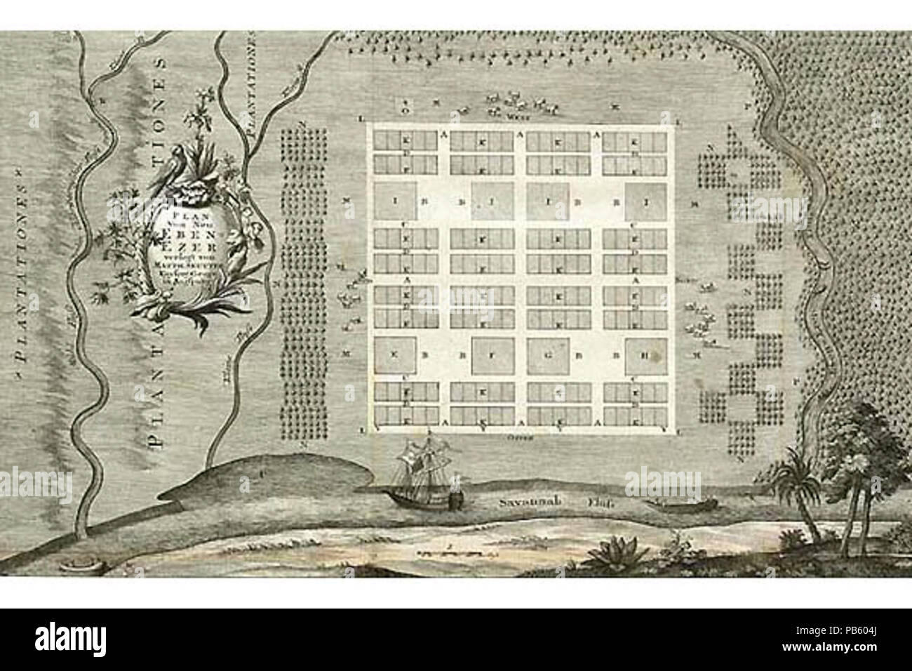 . Inglese: nuovi insediamenti di Ebenezer in Englisch colonia di Georgia, fondata 1736. Testo: artista tedesco Philip Georg Friedrich von Reck ha tracciato una mappa di nuovo Ebenezer durante la sua visita all'insediamento nel 1736. Nuovo Ebenezer, situato sulle scogliere al di sopra del Fiume Savannah, è stato il secondo insediamento stabilito dalla Georgia Salzburgers, un gruppo di protestanti espulso dalla provincia cattolica di Salisburgo nel 1731. Deutsch: Die Siedlung nuovo Ebenezer in der englischen Kolonie Georgia, gegründet 1736. Bar: S'Doaf nuova Ebenezer in da englischn Koloni Georgia, grünt 1736 Español: El puelbo NUOVO E Foto Stock