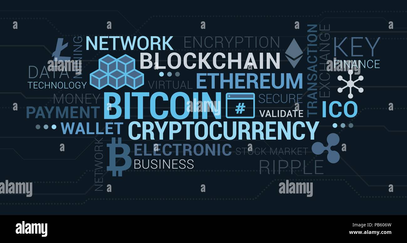 Cryptocurrencies, blockchain e bitcoin tag cloud con i concetti e le icone Illustrazione Vettoriale