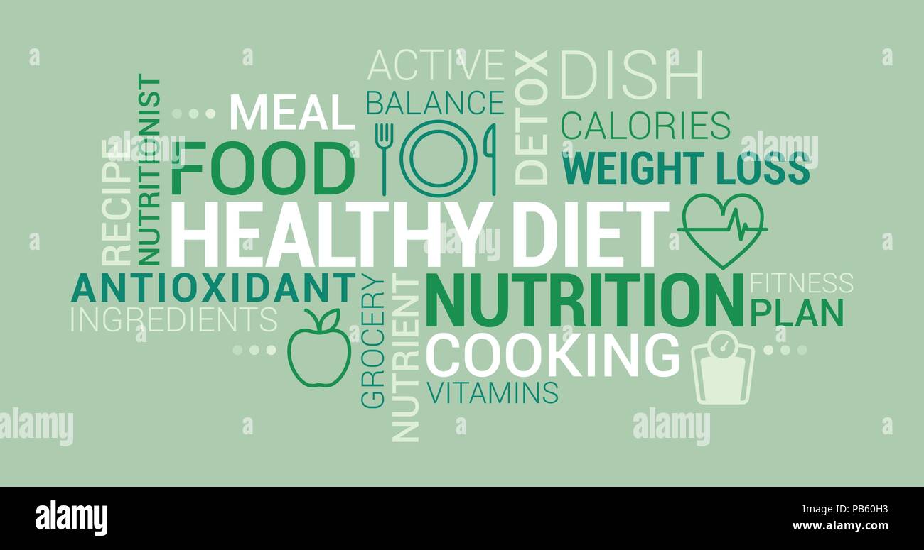 Mangiare sano, alimentazione e dieta tag cloud con icone e concetti Illustrazione Vettoriale