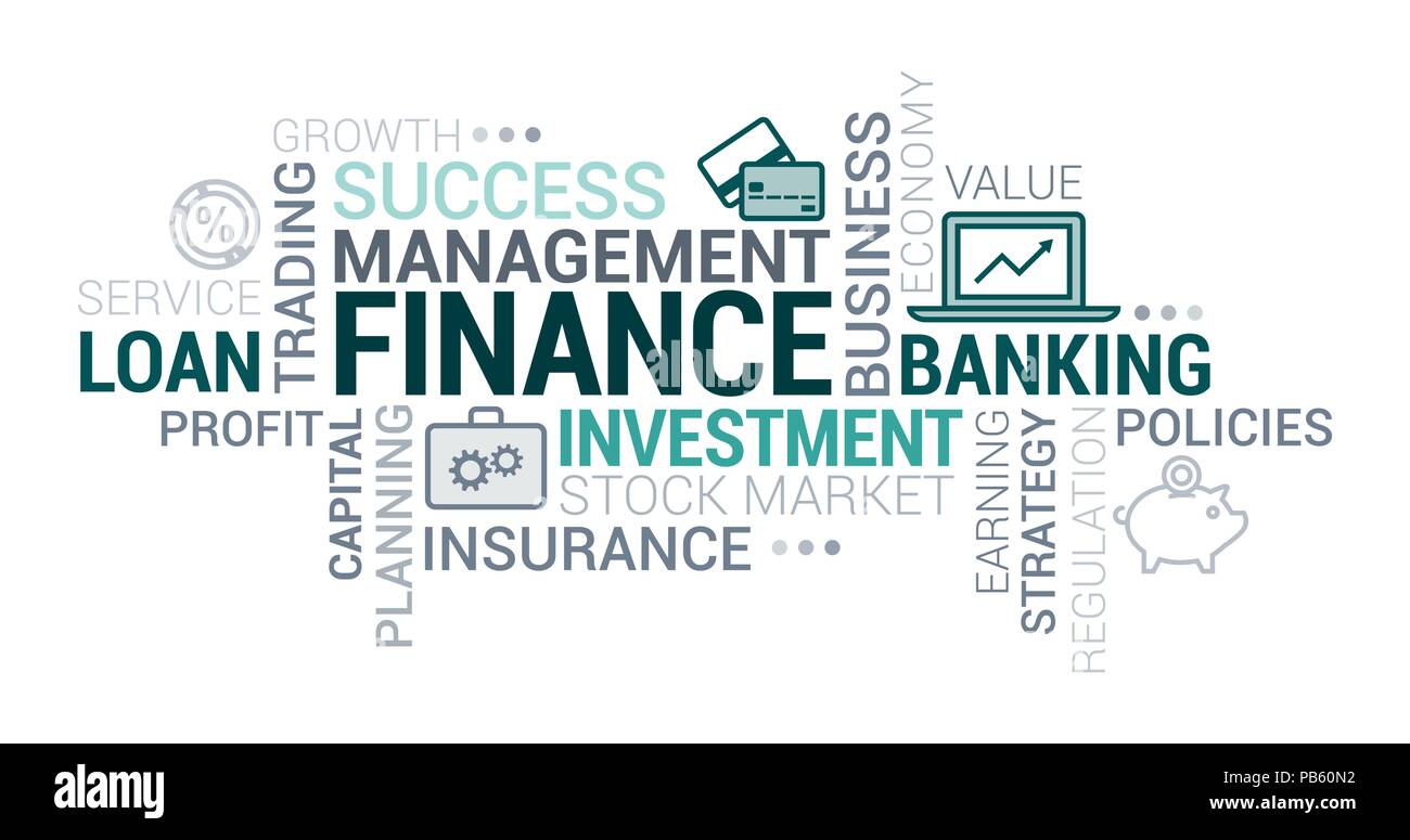 Attività, gli investimenti e la finanza tag cloud con icone e concetti Illustrazione Vettoriale