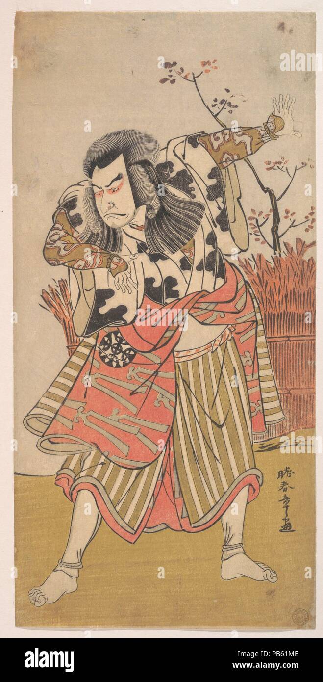 Il primo Nakamura Nakazo come un inerme uomo in piedi in una drammatica pongono. Artista: Katsukawa Shunsho (giapponese, 1726-1792). Cultura: il Giappone. Dimensioni: 12 1/32 x 5 3/4 in. (30,6 x 14,6 cm). Data: ca. 1777. Museo: Metropolitan Museum of Art di New York, Stati Uniti d'America. Foto Stock