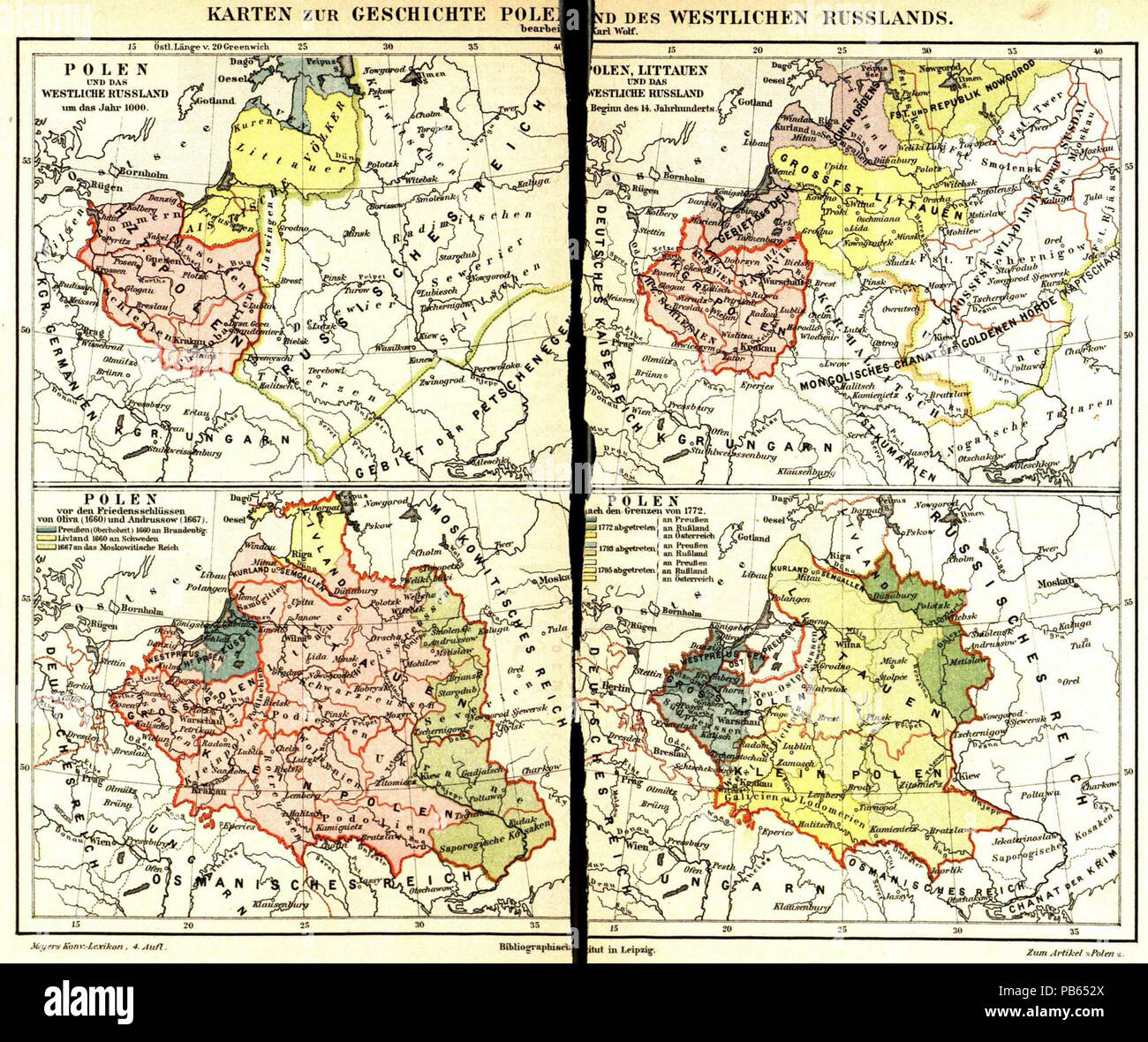 . Deutsch: "Karten zur Geschichte Polens und des westlichen Rußlands bearbeitet von Karl Wolf" Polen und das westliche Rußland um das Jahr 1000. Polen, Littauen und das westliche Rußland zu Beginn des 14. Jahrhunderts. Polen Vor den Friedensschlüssen von Oliva (1660) und Andrussow (1667). Polen nach den Grenzen von 1772. . Da 1885 fino al 1890 1028 Meyers b13 s0173a Foto Stock