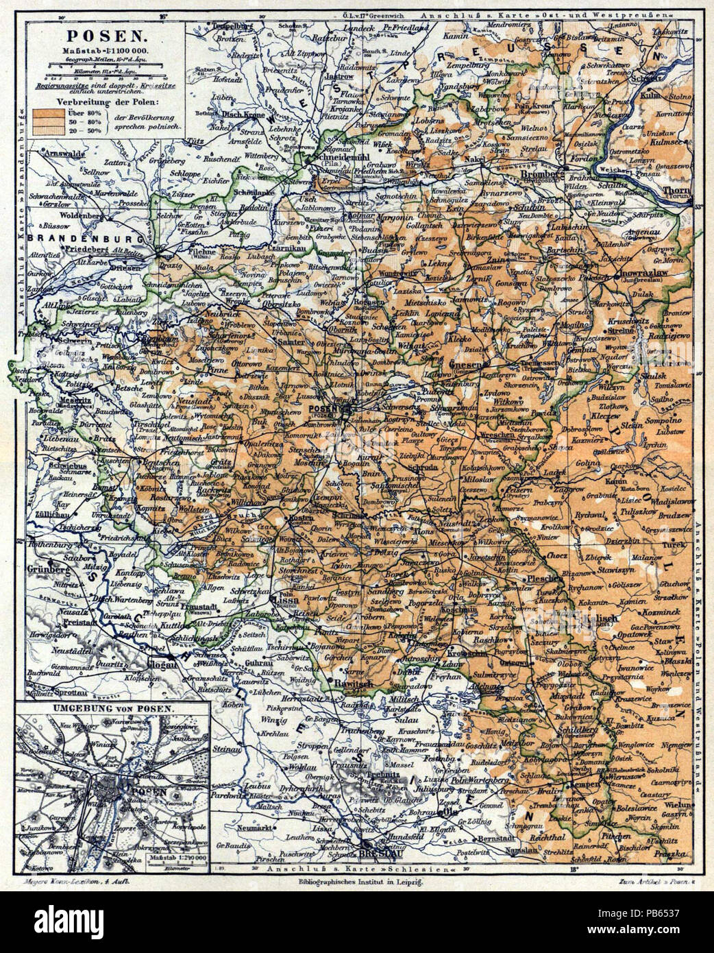 . Deutsch: Karte "Posen" (1 : 1 100 000) mit Nebenkarte "Umgebung von Posen" (1 : 240 000) . dal 1885 fino al 1890 1028 Meyers b13 s0268a Foto Stock