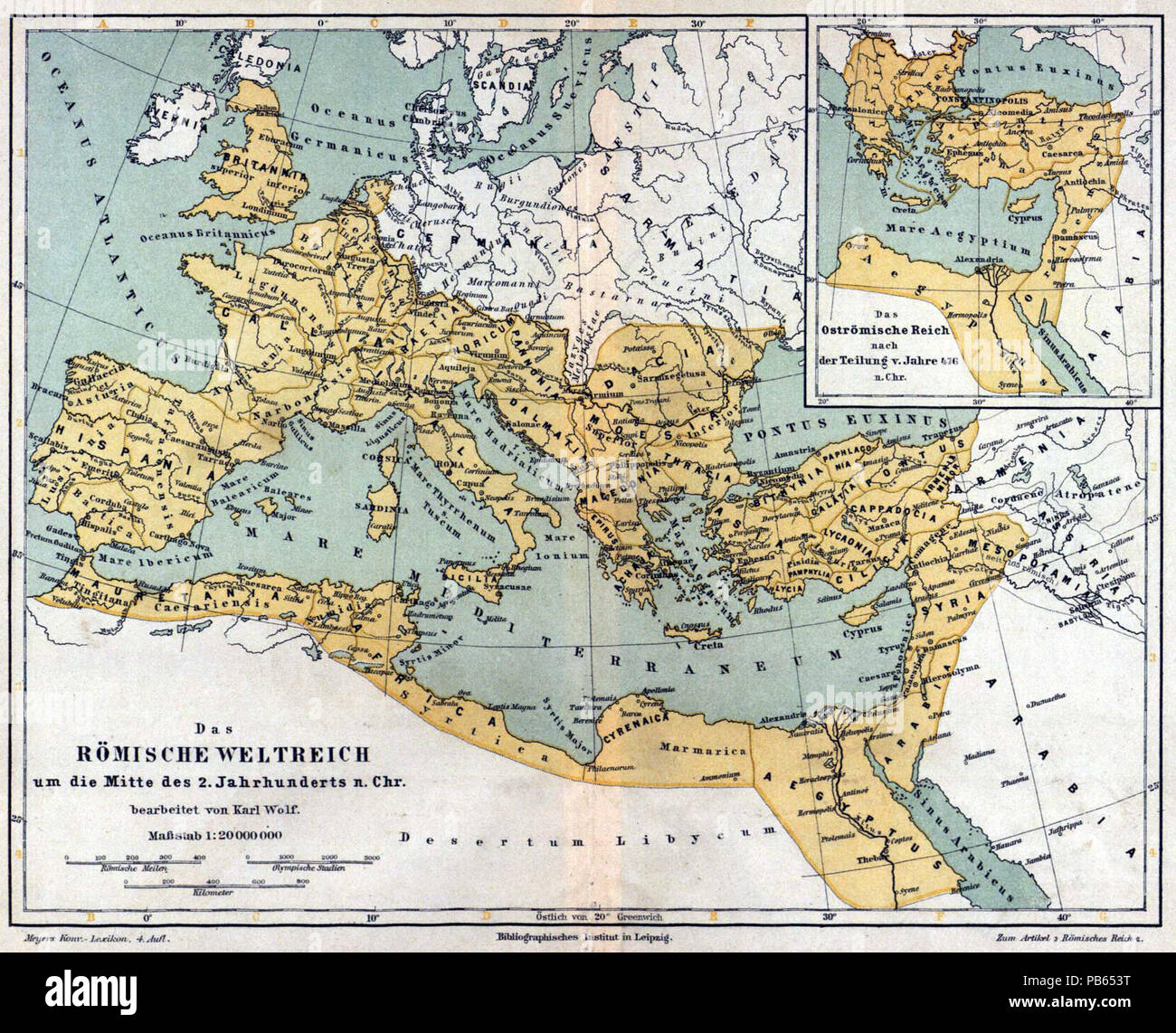 . Deutsch: Karte "Das Römische Weltreich um die Mitte des 2. Jahrhunderts n. Chr. bearbeitet von Karl Wolf" (1 : 20 000 000), Nebenkarte "Das Oströmische Reich nach der Teilung v. Jahre 476 n. Chr." . dal 1885 fino al 1890 1028 Meyers b13 s0940a Foto Stock